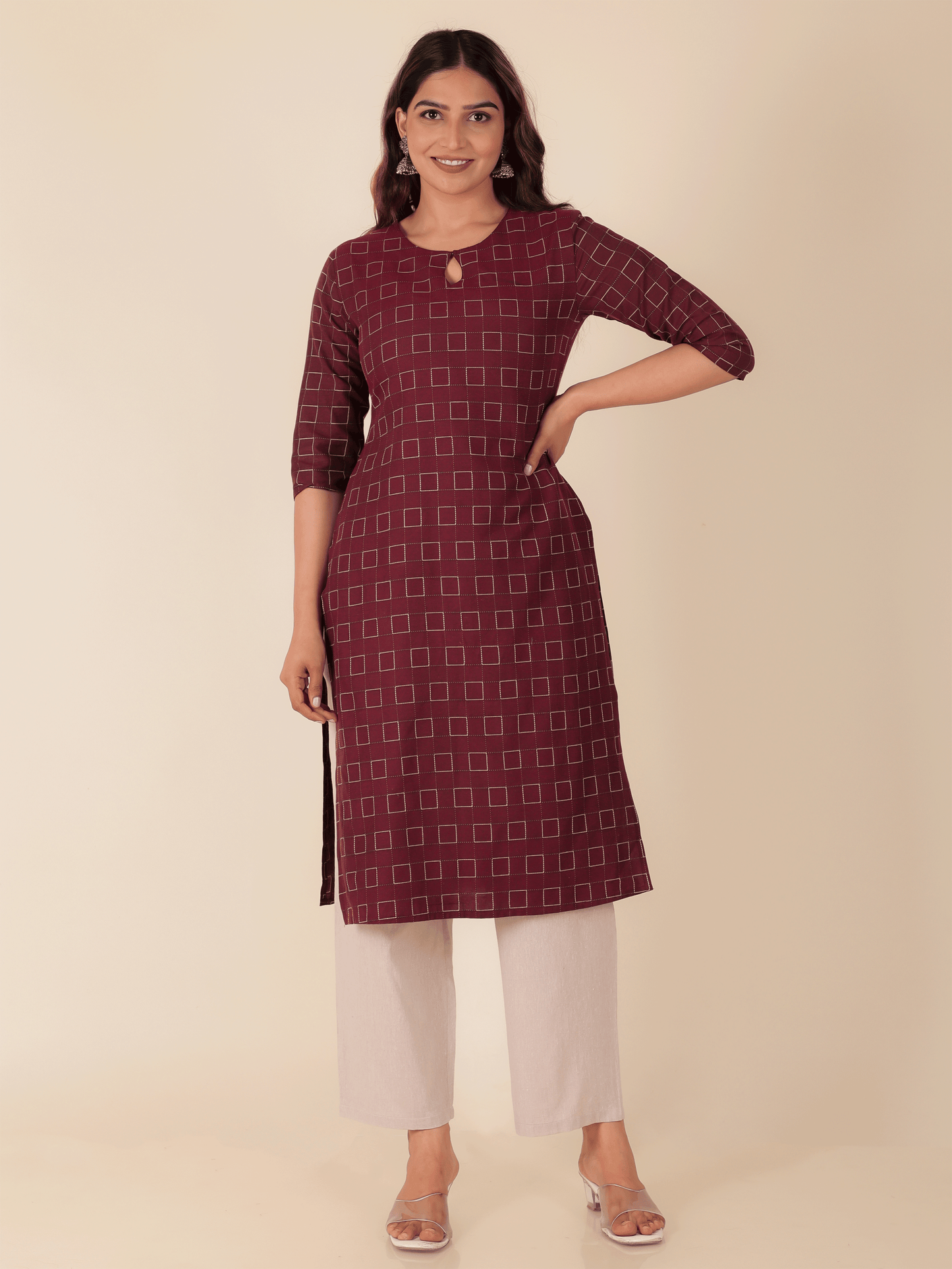 Blend Cotton Self Design Straight Maroon Kurta
