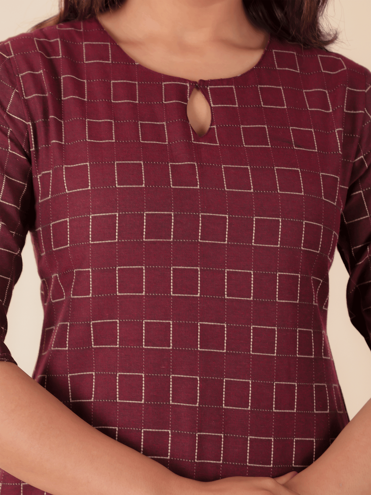 Blend Cotton Self Design Straight Maroon Kurta