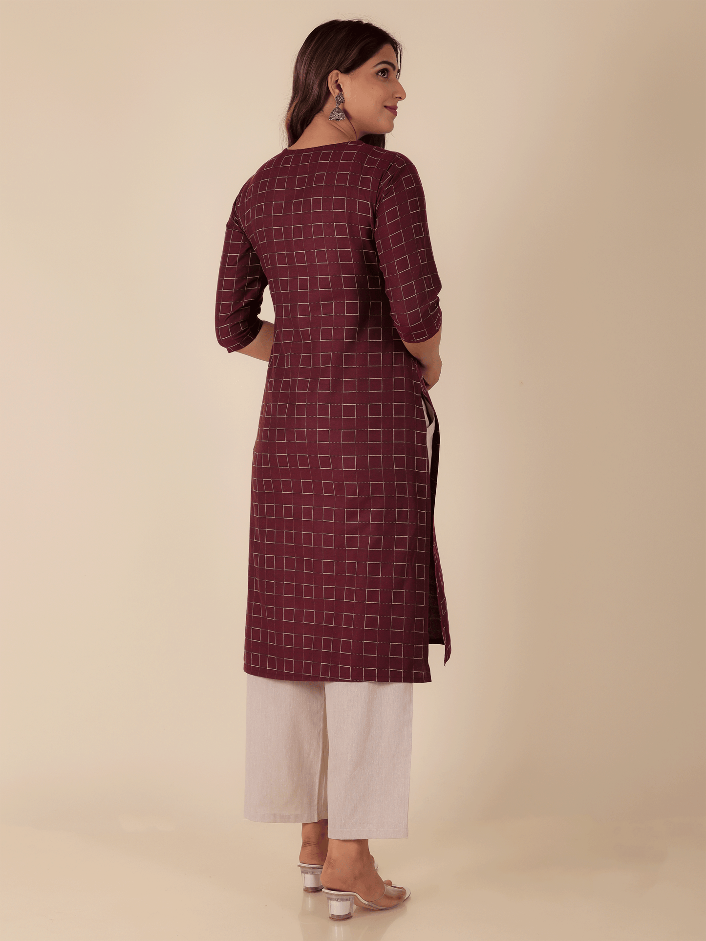 Blend Cotton Self Design Straight Maroon Kurta