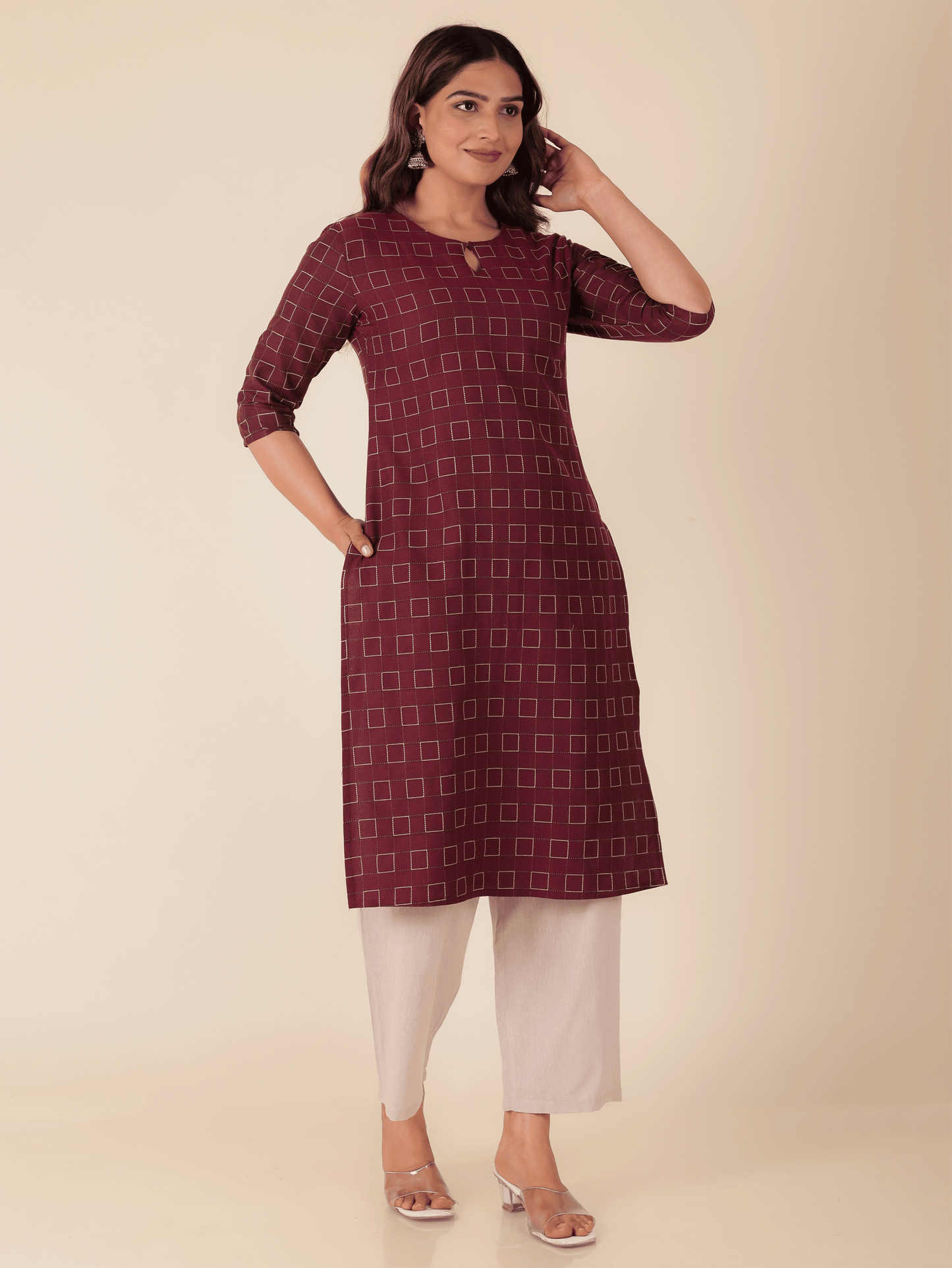 Blend Cotton Self Design Straight Maroon Kurta