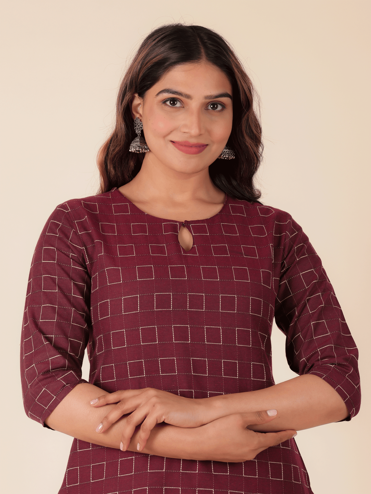 Blend Cotton Self Design Straight Maroon Kurta