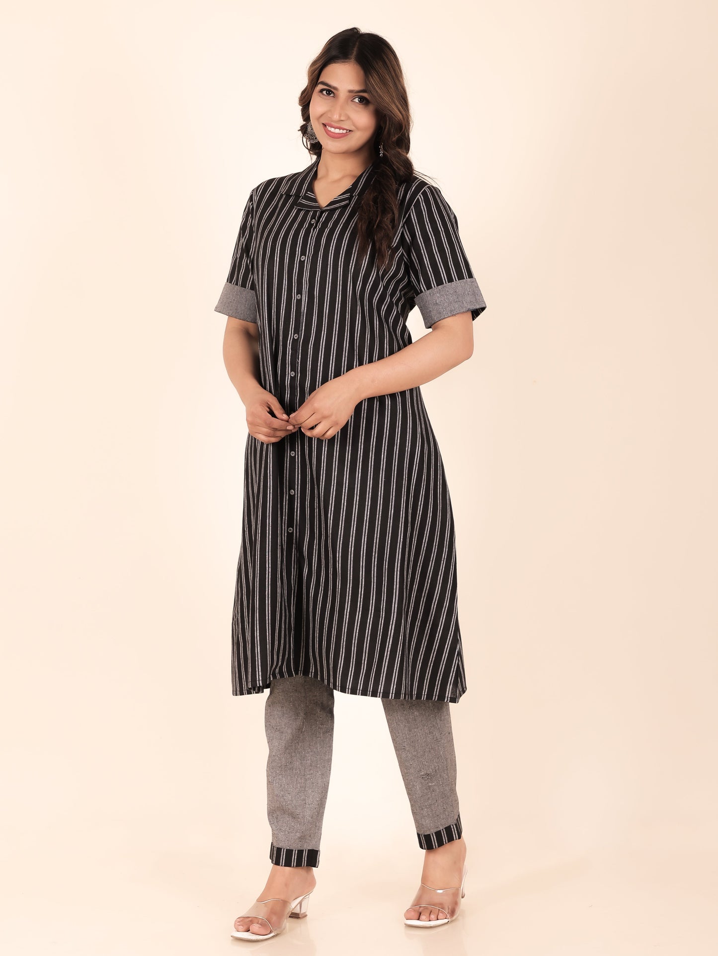 Blend Cotton Woven Design A-line Black Kurta