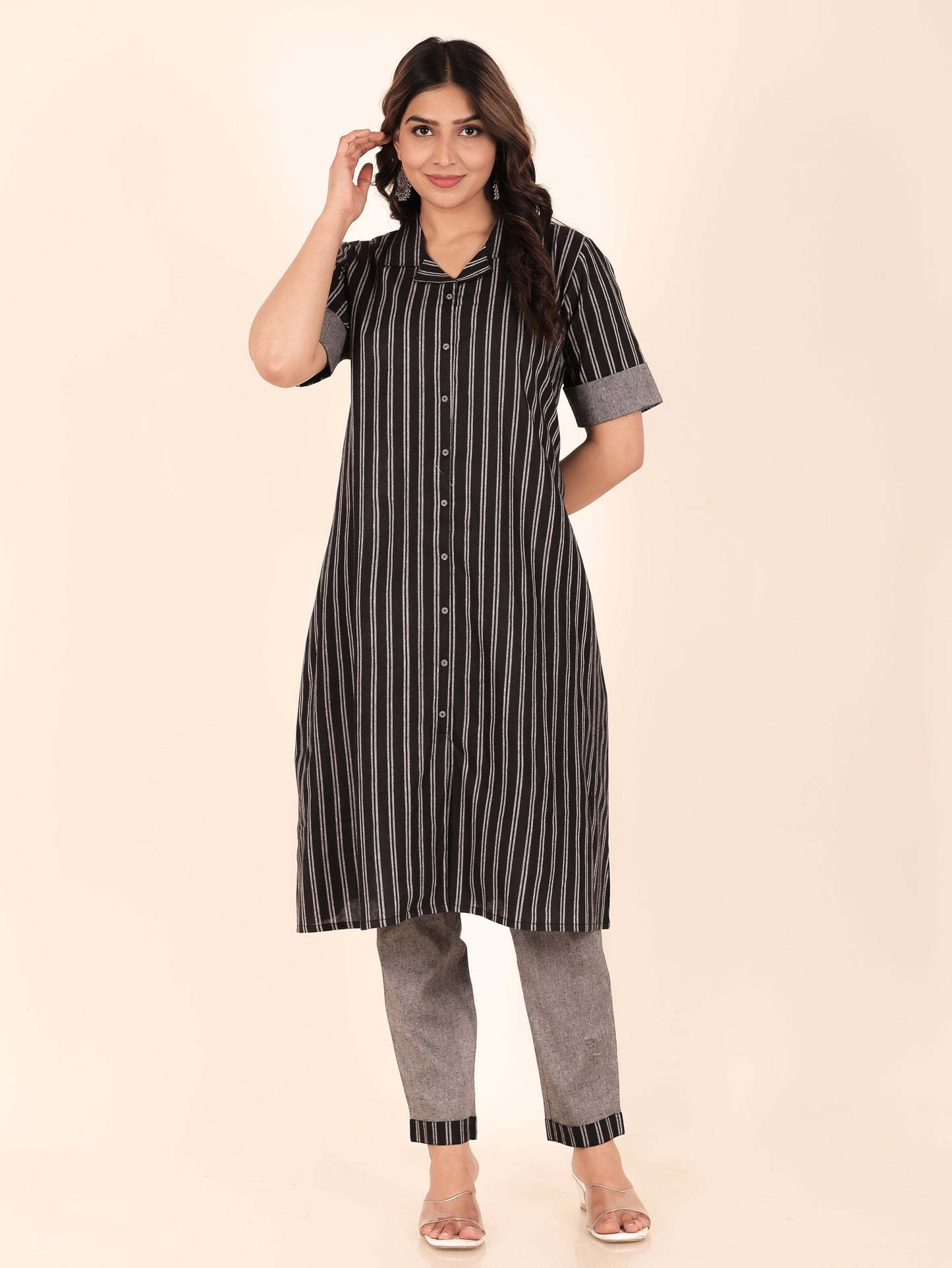 Blend Cotton Woven Design A-line Black Kurta