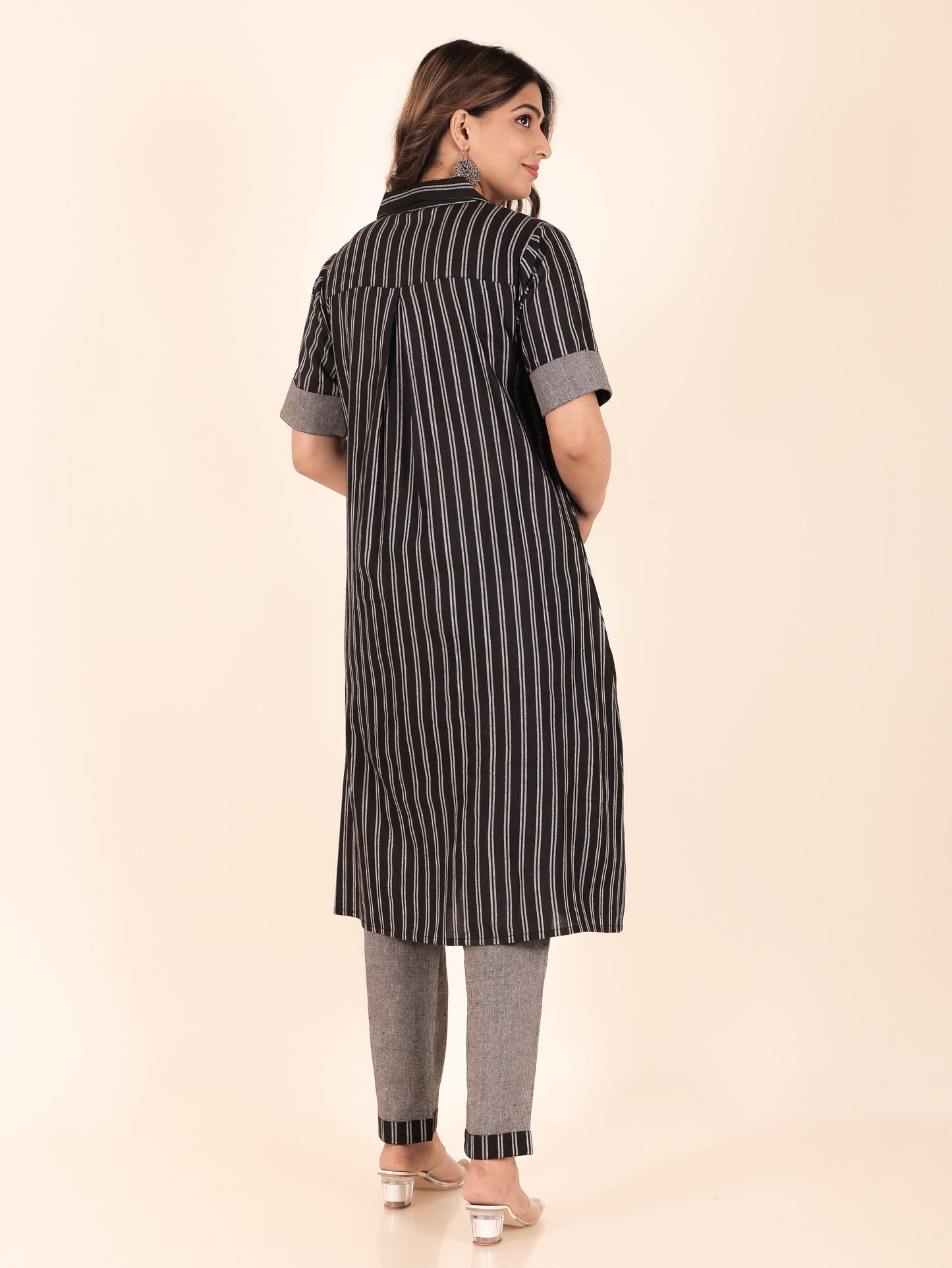 Blend Cotton Woven Design A-line Black Kurta