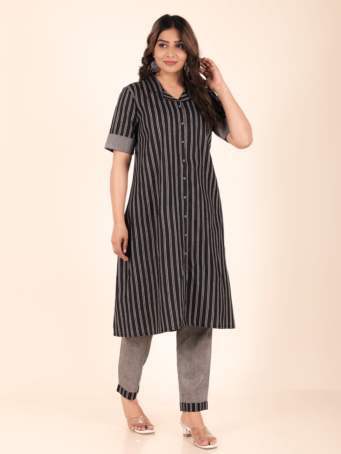 Blend Cotton Woven Design A-line Black Kurta