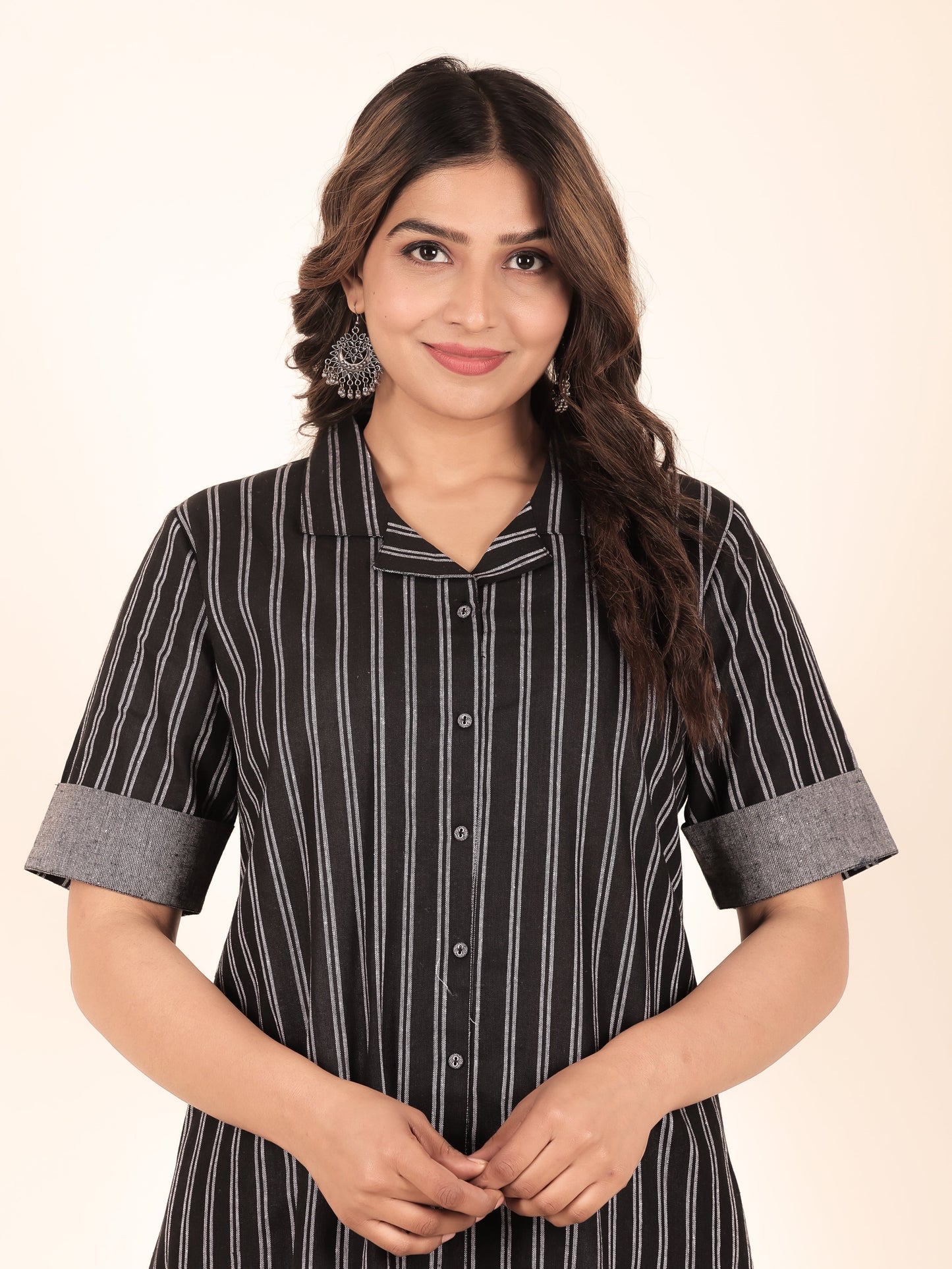 Blend Cotton Woven Design A-line Black Kurta
