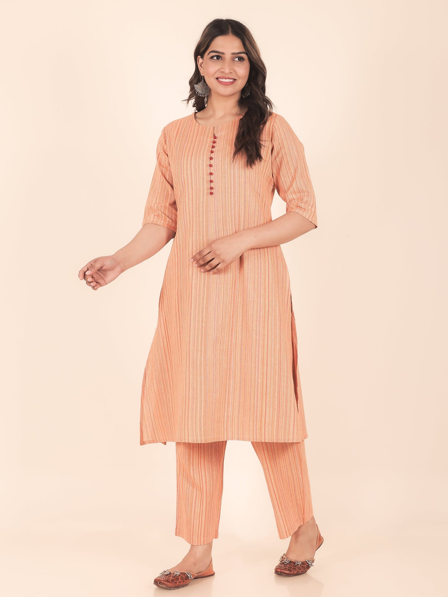 Blend Cotton Woven Design A-line Orange Kurta