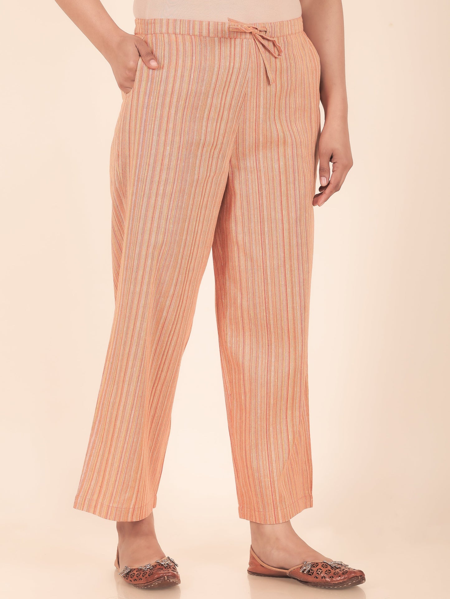 Blend Cotton Woven Design Orange Straight Trousers