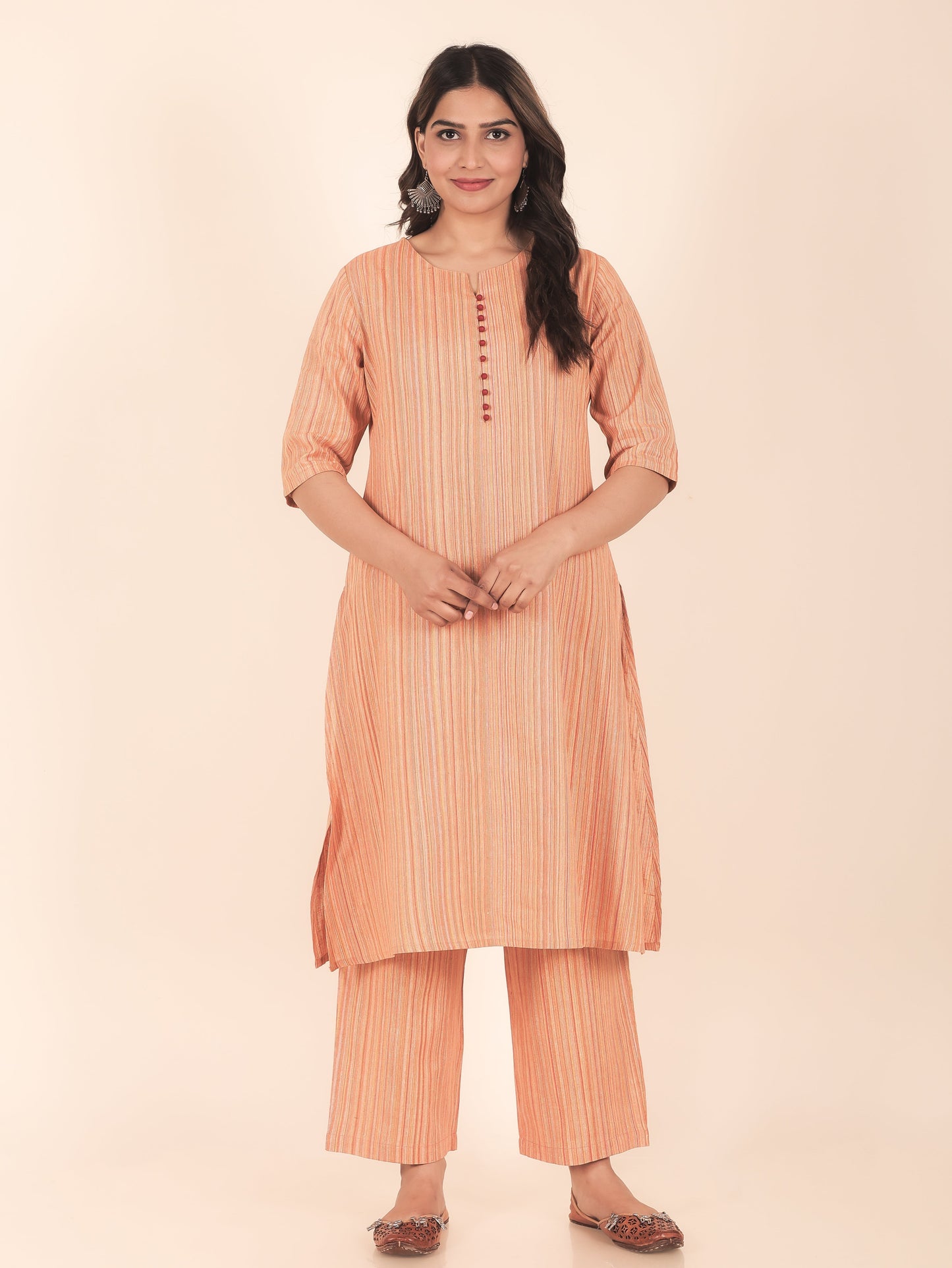Blend Cotton Woven Design A-line Orange Kurta