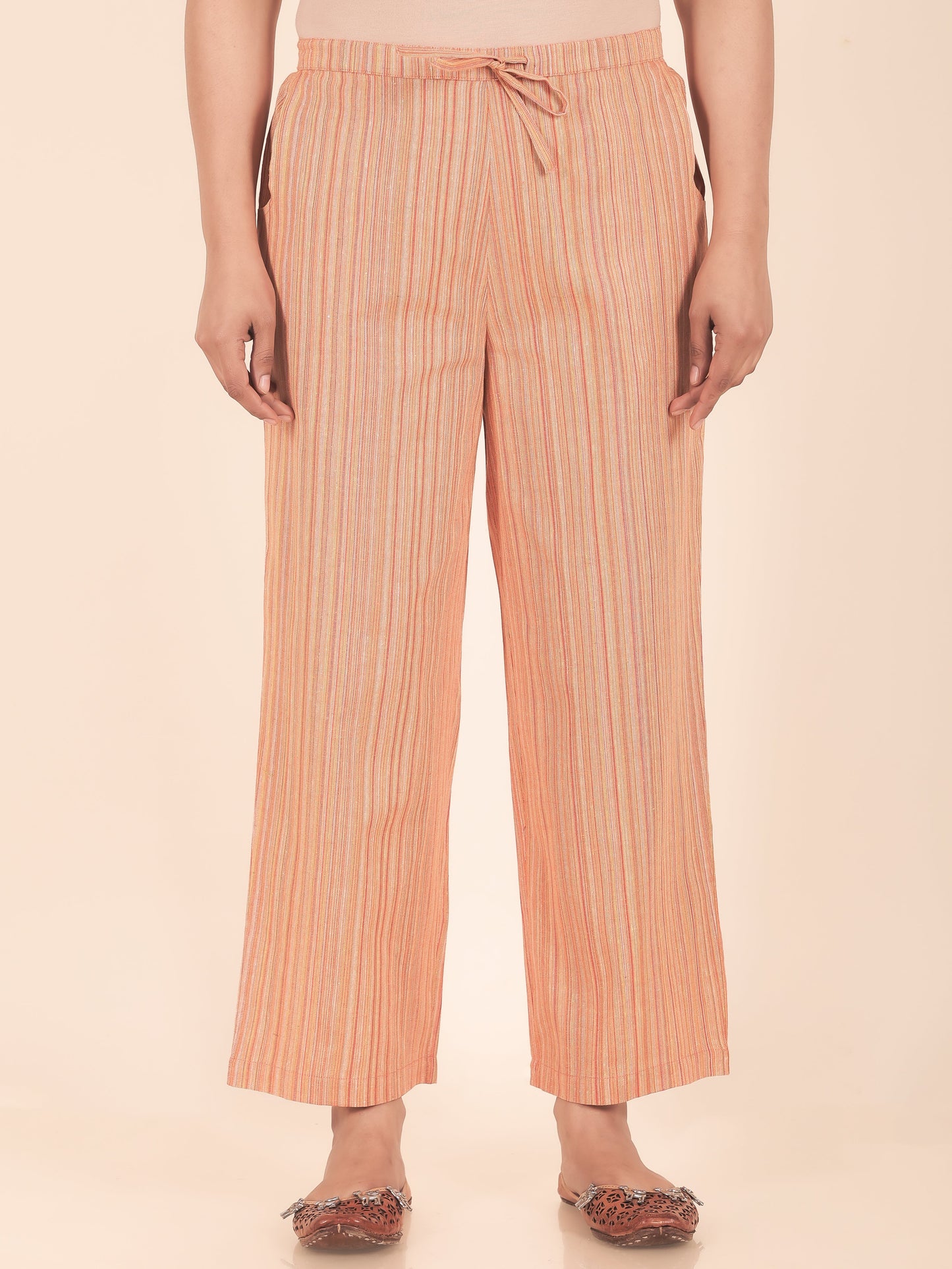 Blend Cotton Woven Design Orange Straight Trousers