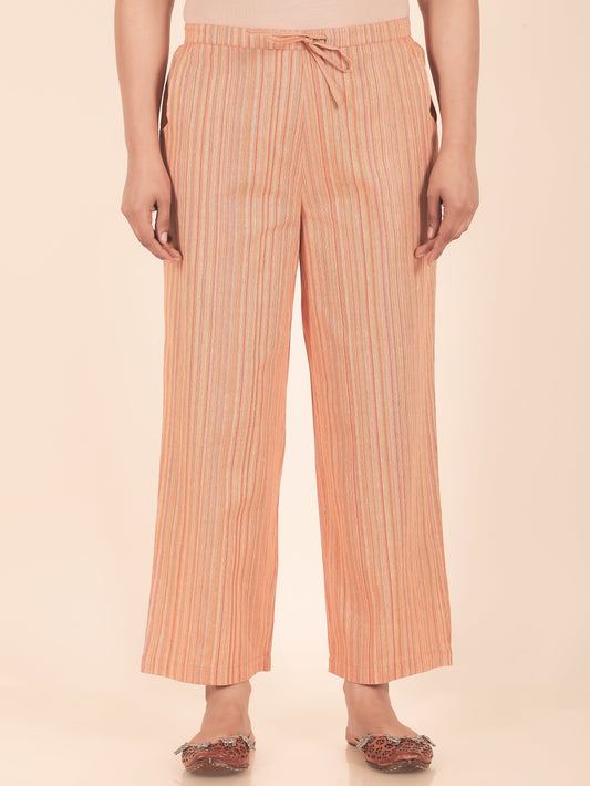 Blend Cotton Woven Design Orange Straight Trousers