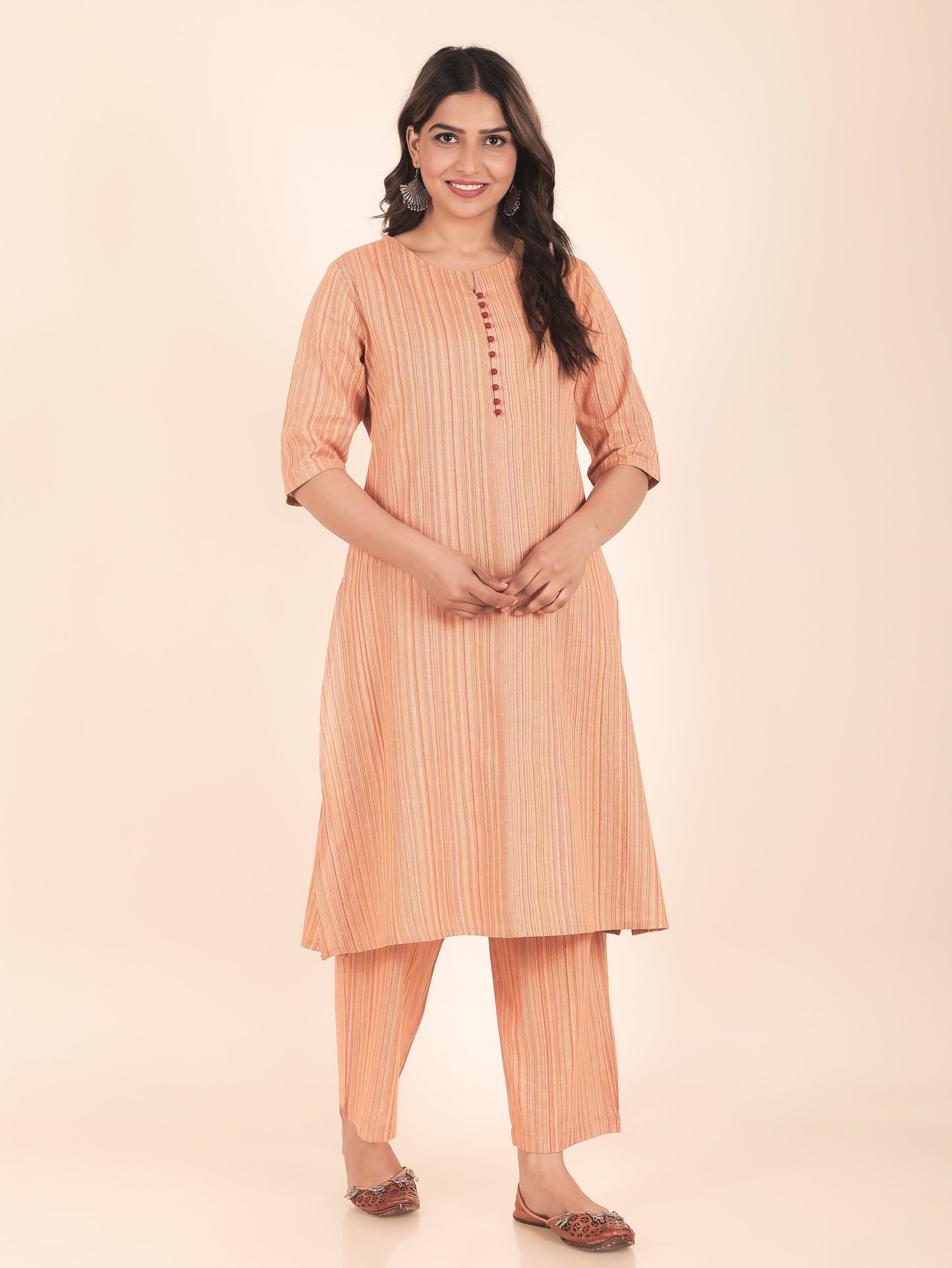 Blend Cotton Woven Design A-line Orange Kurta