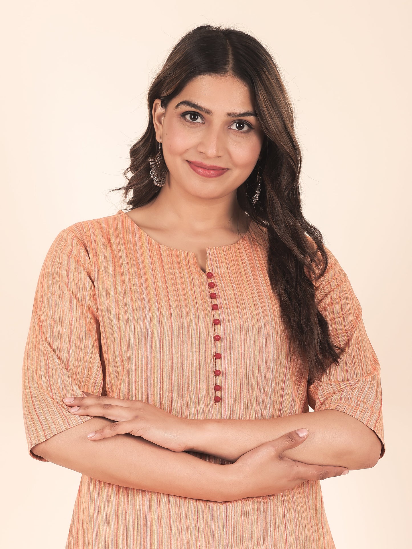 Blend Cotton Woven Design A-line Orange Kurta