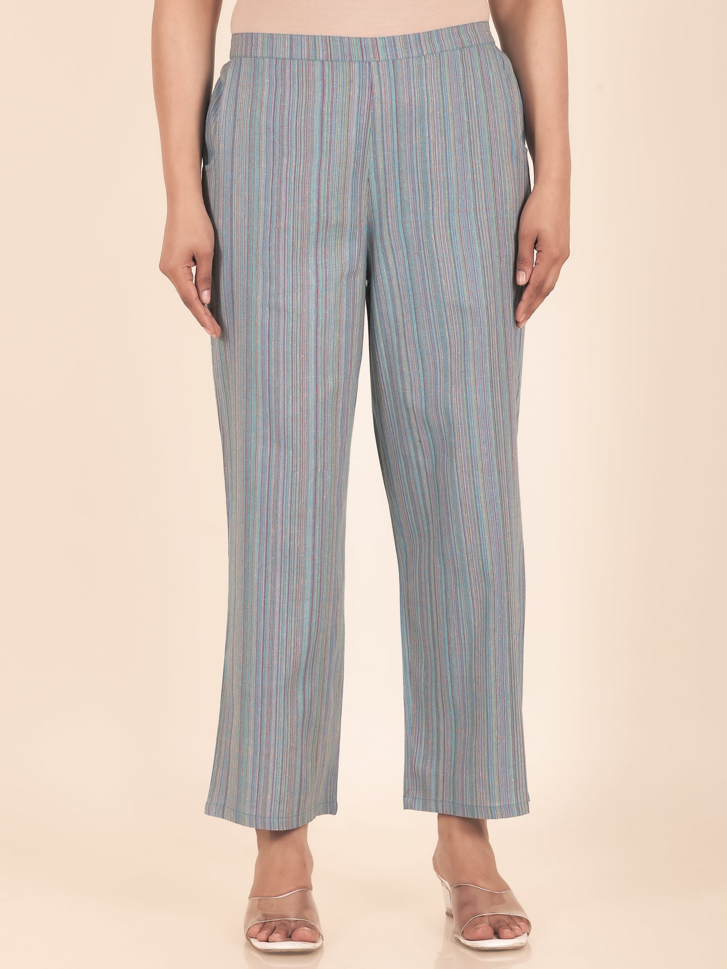 Blend Cotton Striped Multicolor Straight Trousers