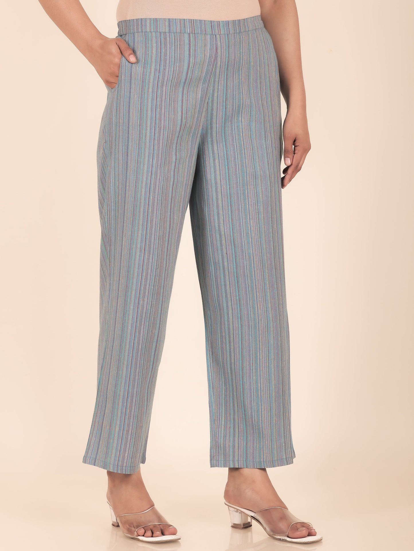 Blend Cotton Striped Multicolor Straight Trousers