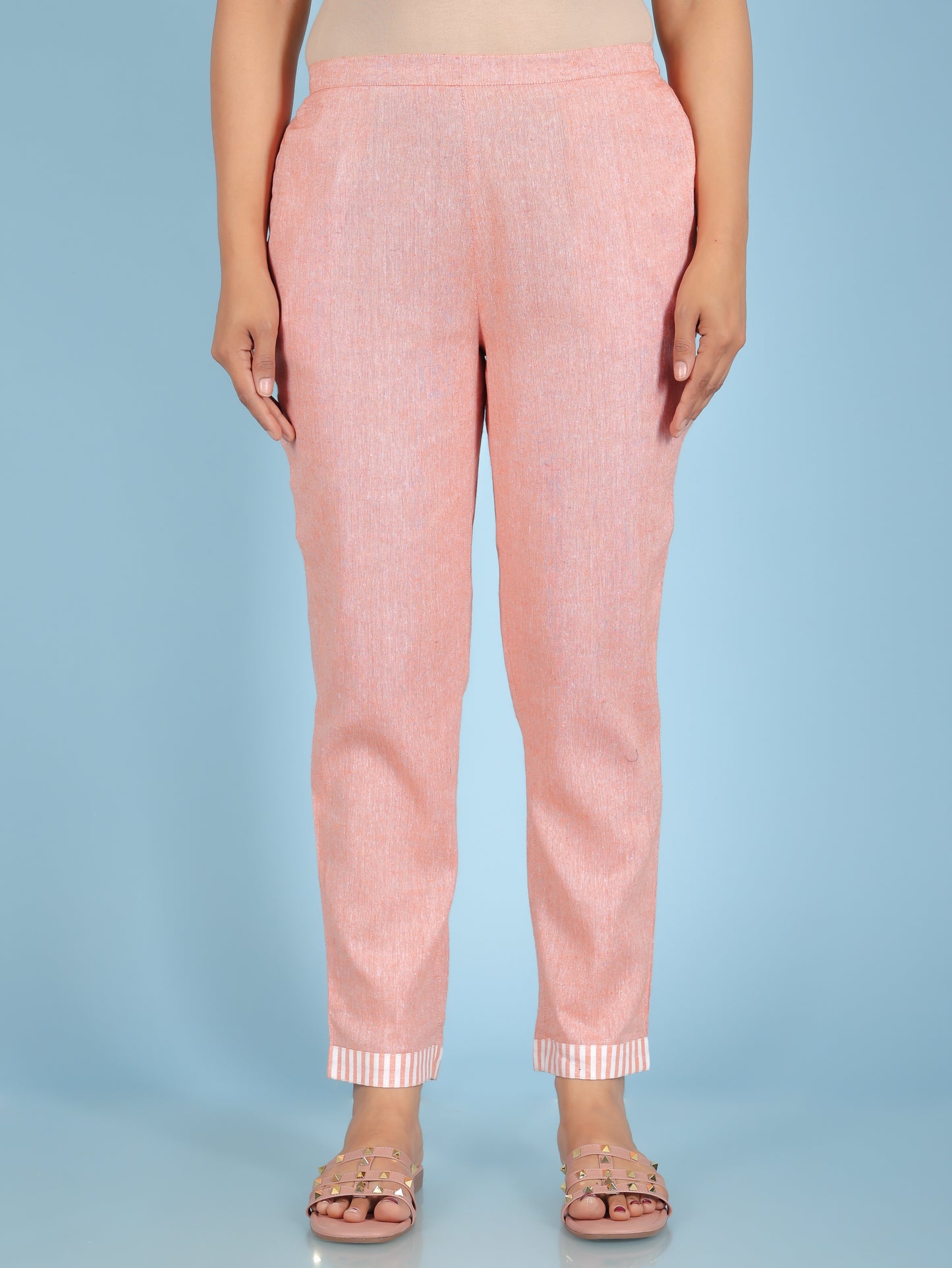 Blend Cotton Woven Design Orange Tapered Trousers