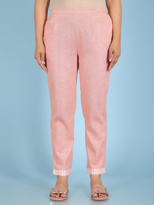 Blend Cotton Woven Design Orange Tapered Trousers