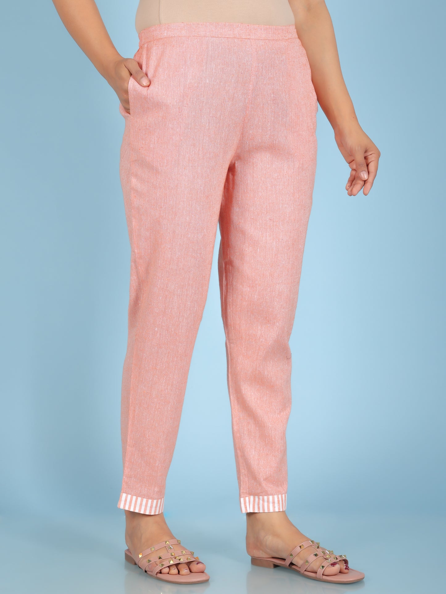 Blend Cotton Woven Design Orange Tapered Trousers