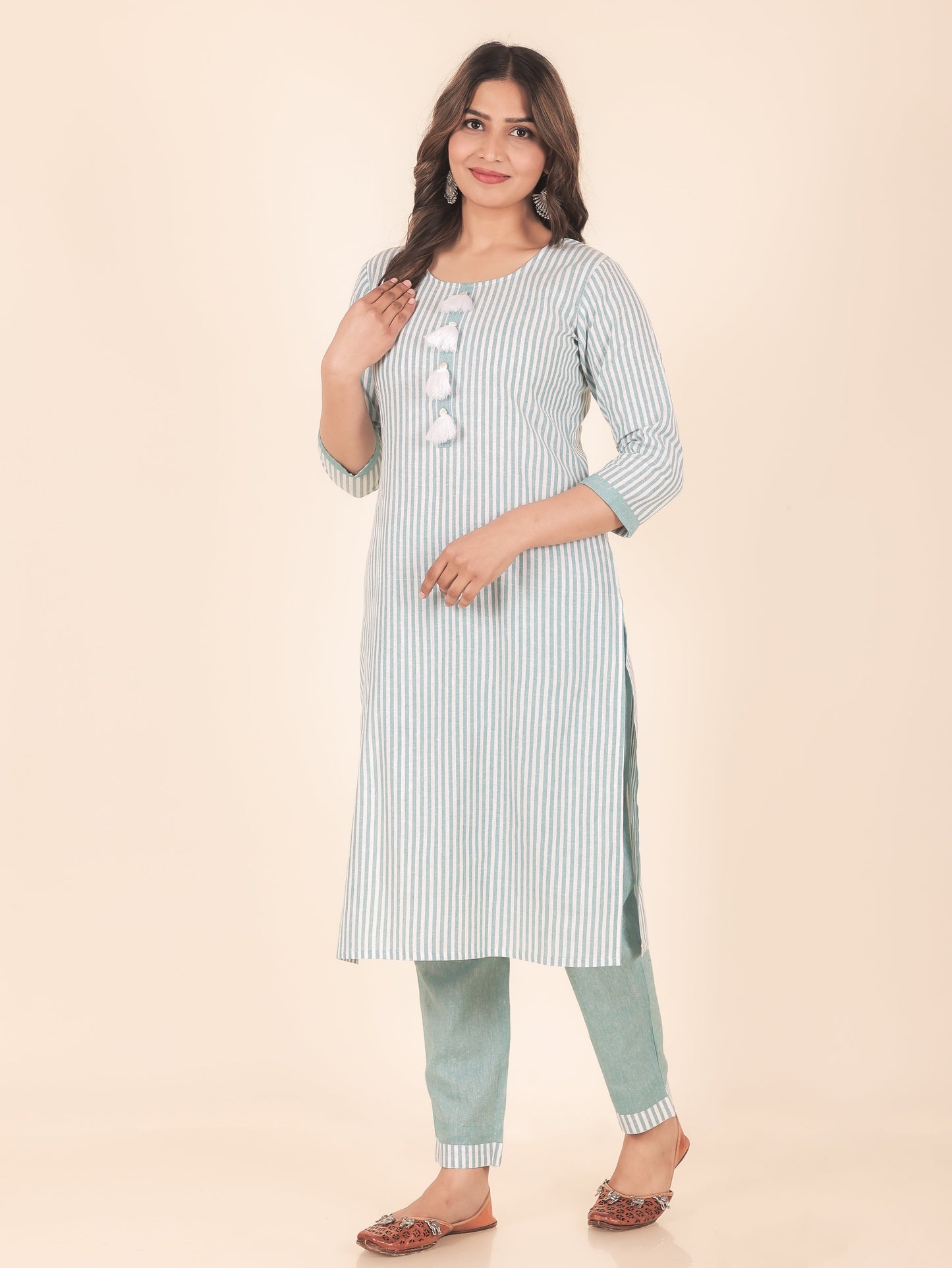 Blend Cotton Woven Design Straight Blue Kurta