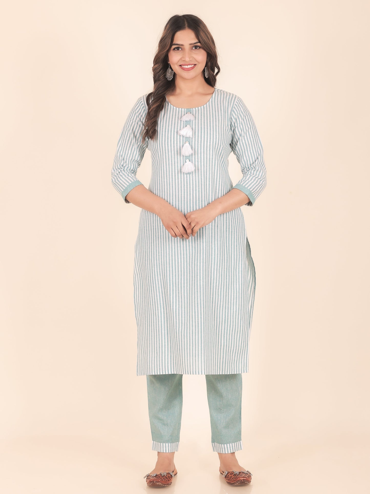 Blend Cotton Woven Design Straight Blue Kurta