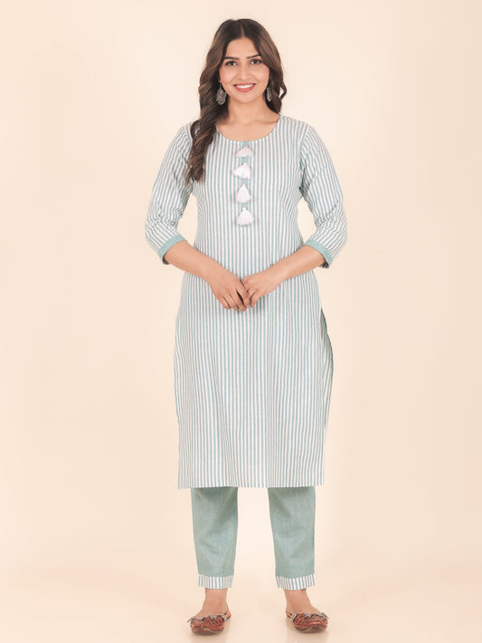 Blend Cotton Woven Design Straight Blue Kurta