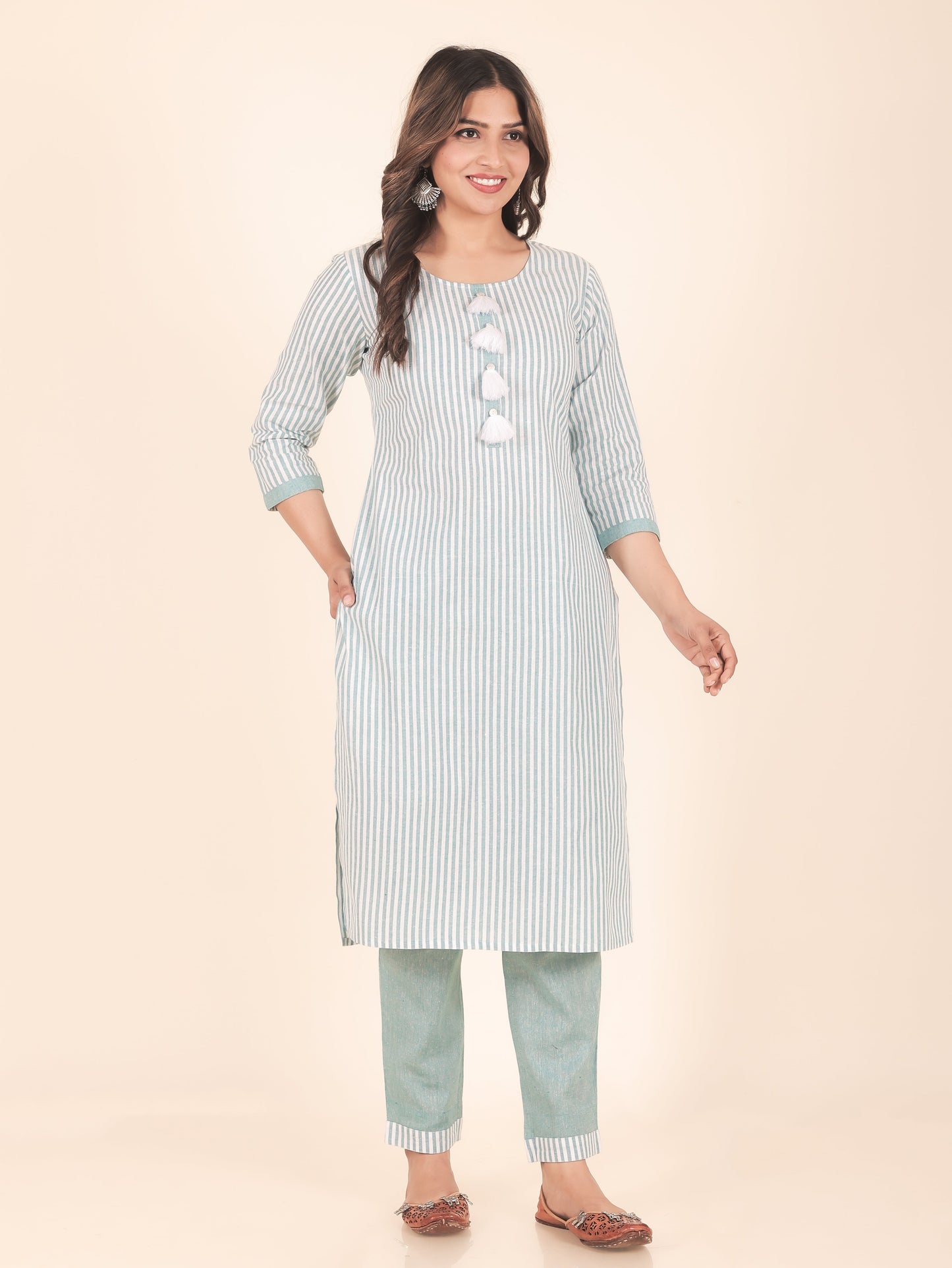Blend Cotton Woven Design Straight Blue Kurta