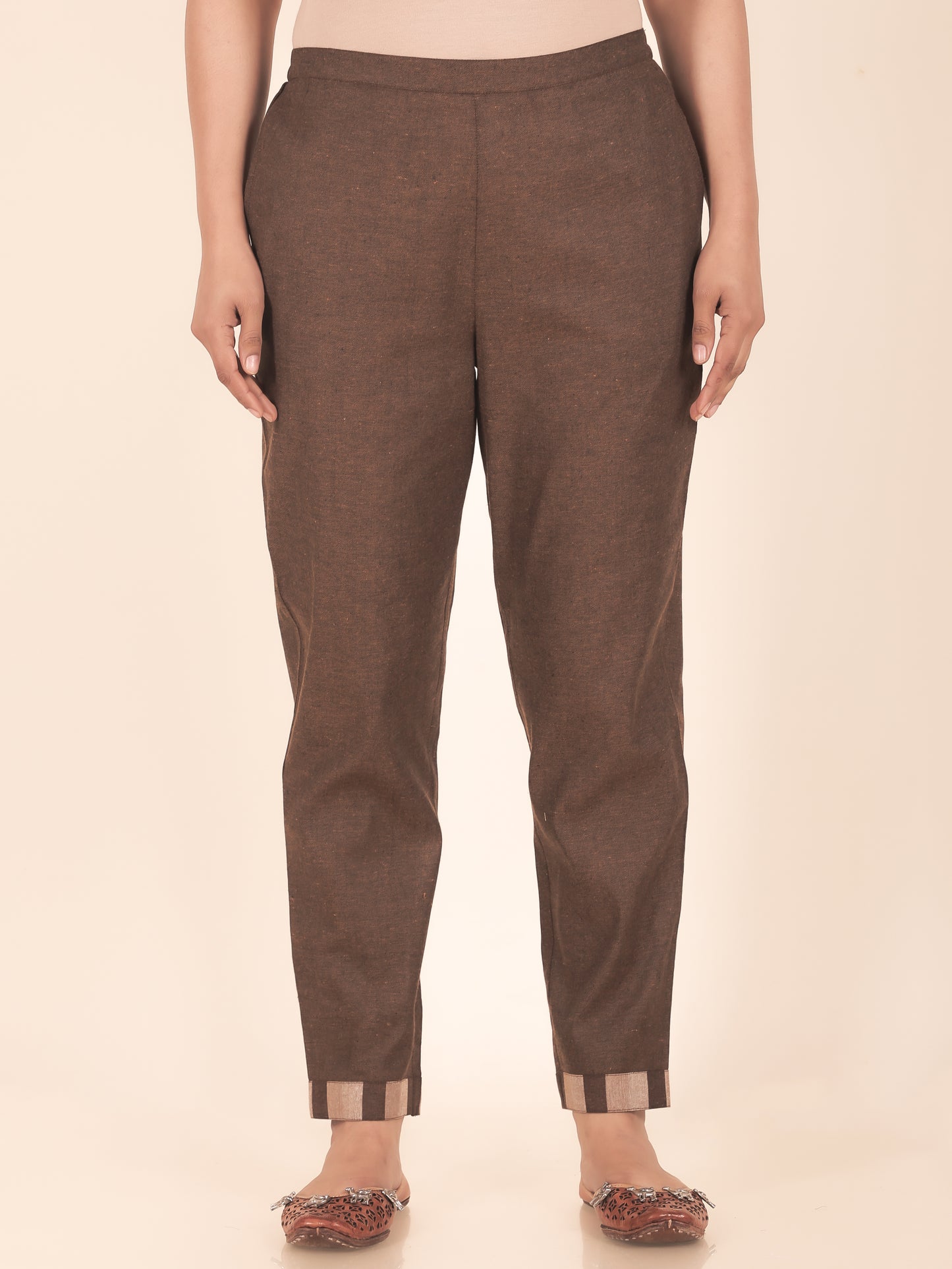 Blend Cotton Woven Design Brown Tapered Trousers