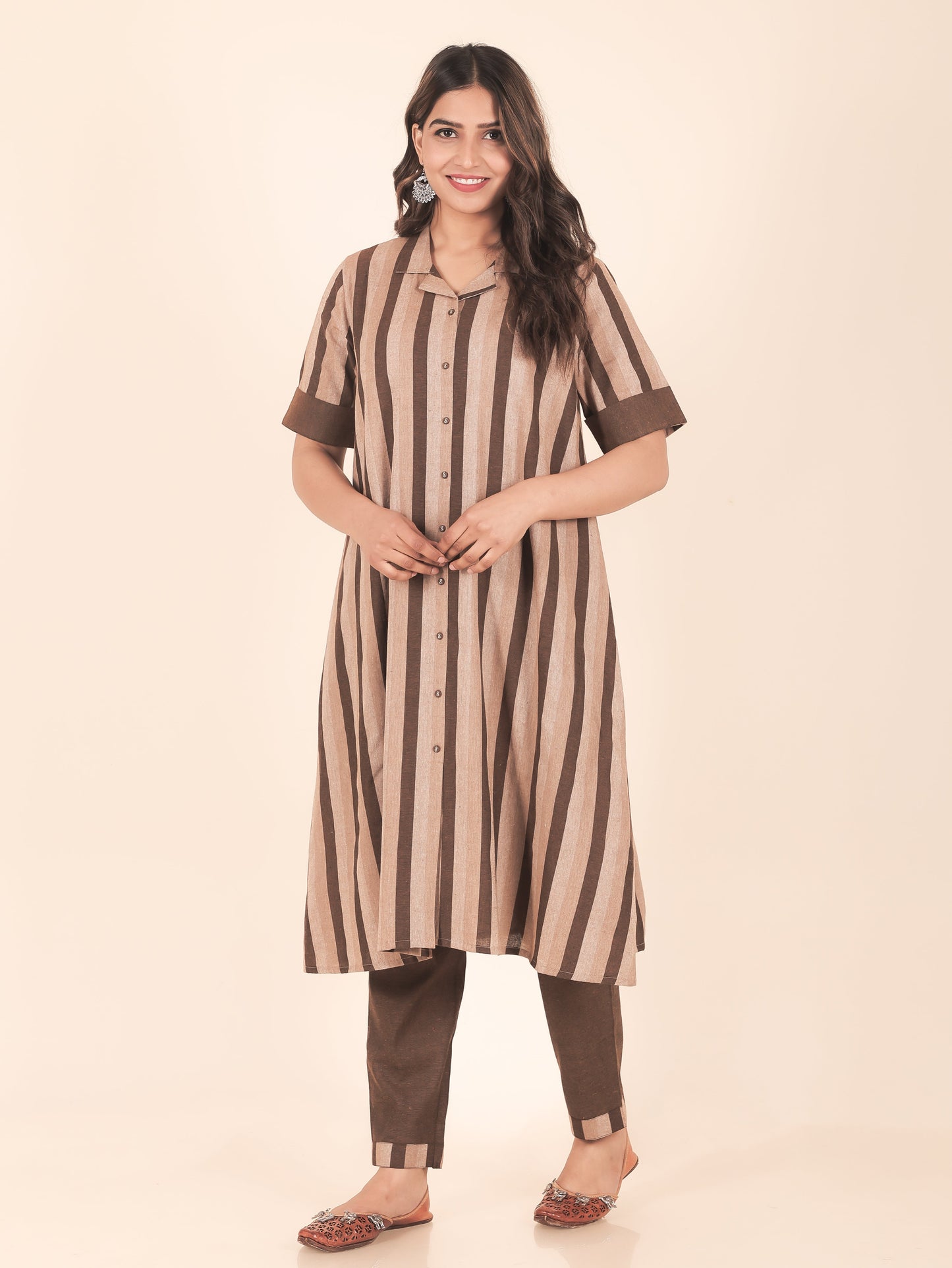 Blend Cotton Woven Design A-line Brown Kurta