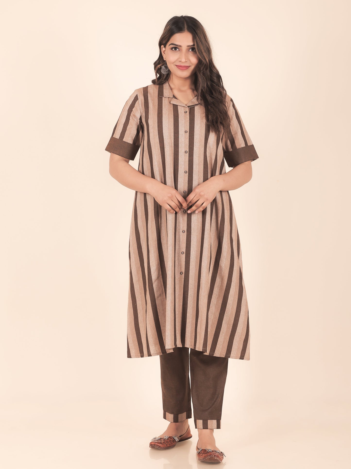 Blend Cotton Woven Design A-line Brown Kurta