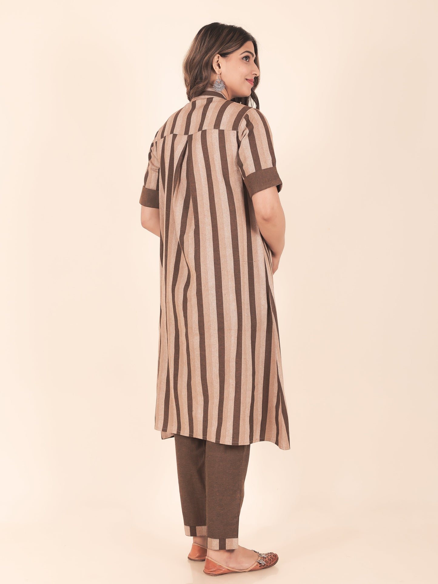 Blend Cotton Woven Design A-line Brown Kurta