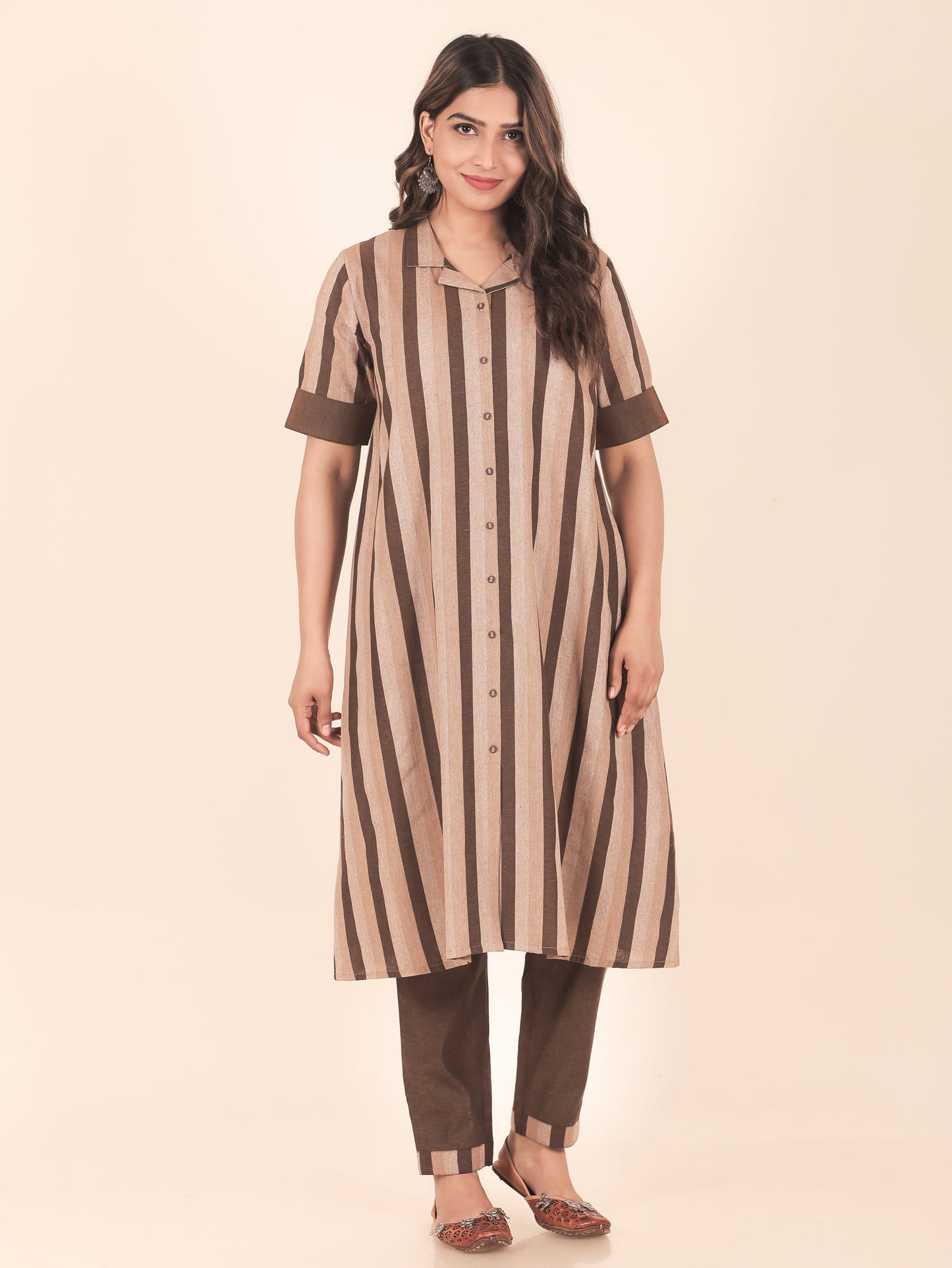 Blend Cotton Woven Design A-line Brown Kurta