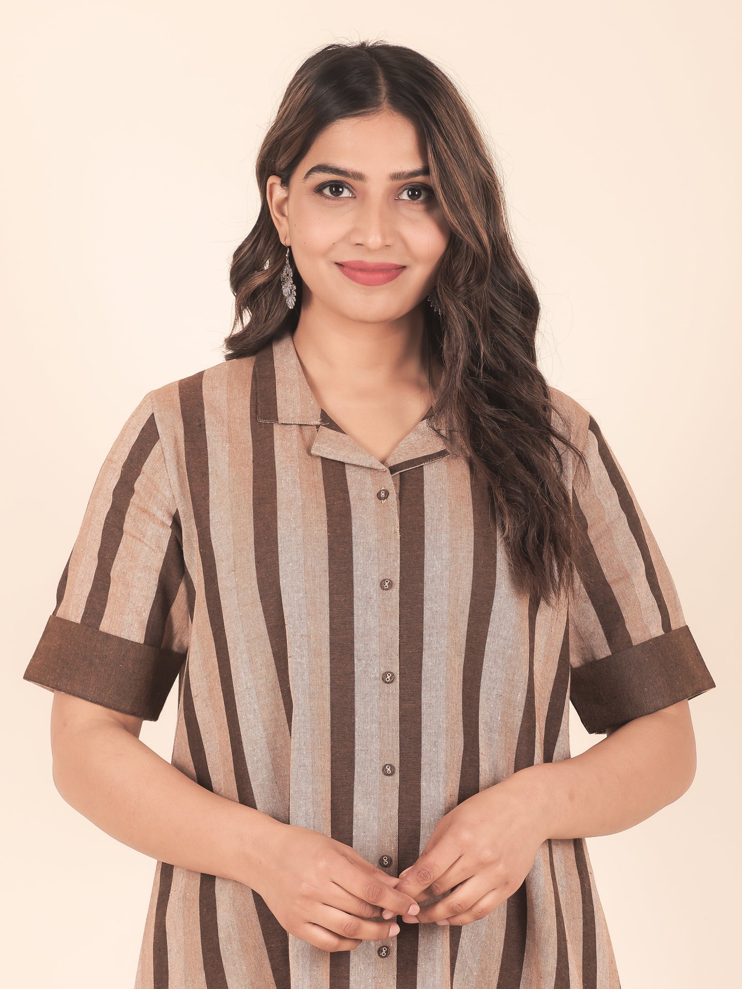 Blend Cotton Woven Design A-line Brown Kurta