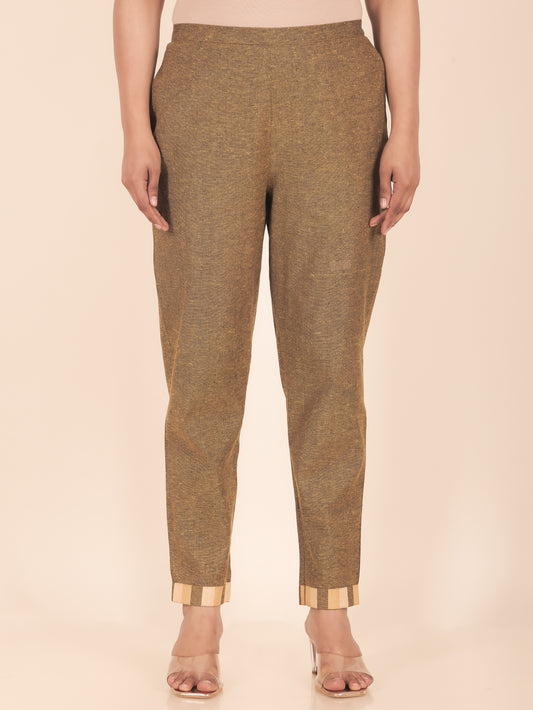 Blend Cotton Woven Design Brown Tapered Trousers