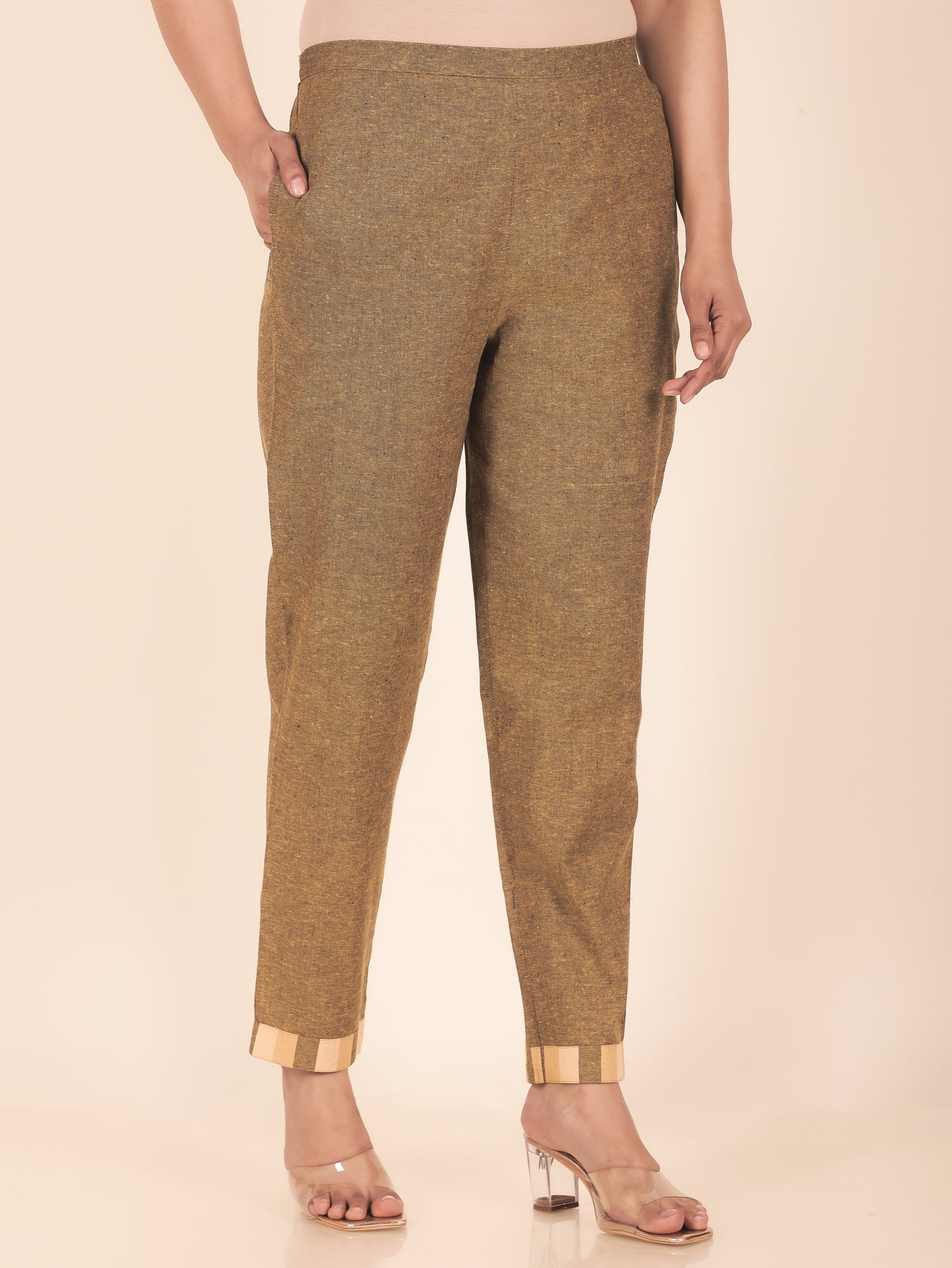 Blend Cotton Woven Design Brown Tapered Trousers