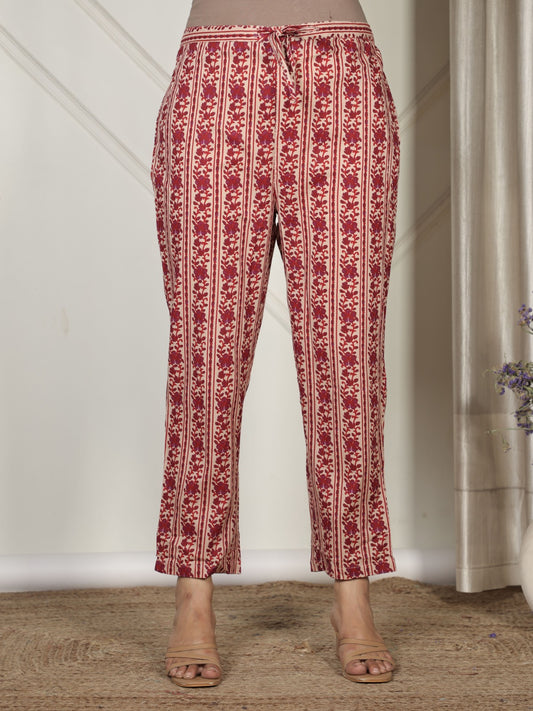 Soft Cotton Striped Beige Tapered Trousers