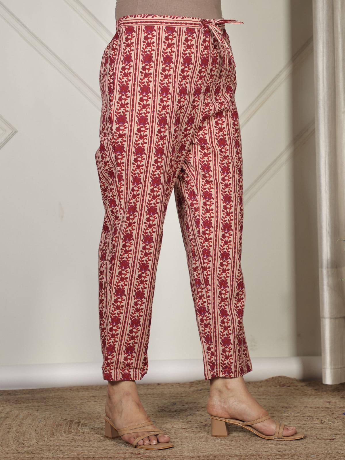 Soft Cotton Striped Beige Tapered Trousers