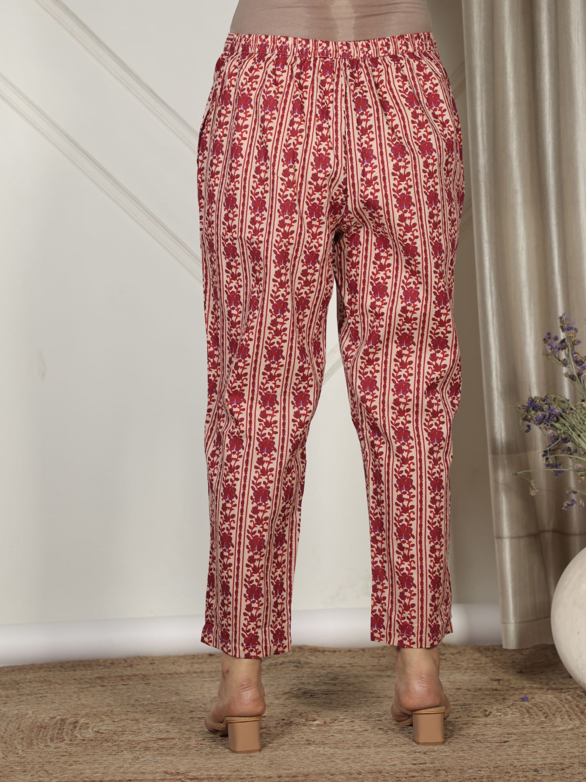 Soft Cotton Striped Beige Tapered Trousers