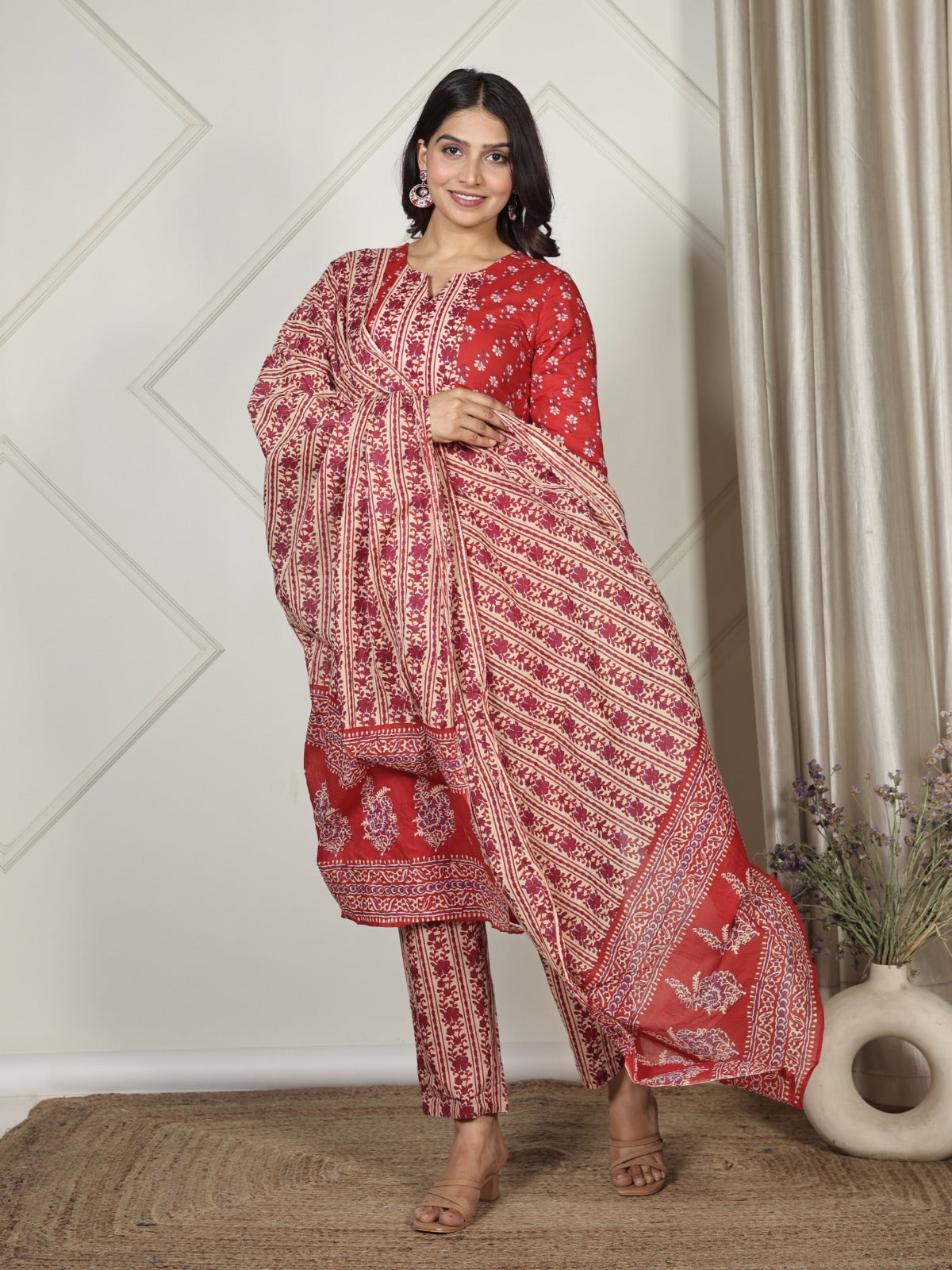 Soft Cotton Block Print Straight Red Kurta