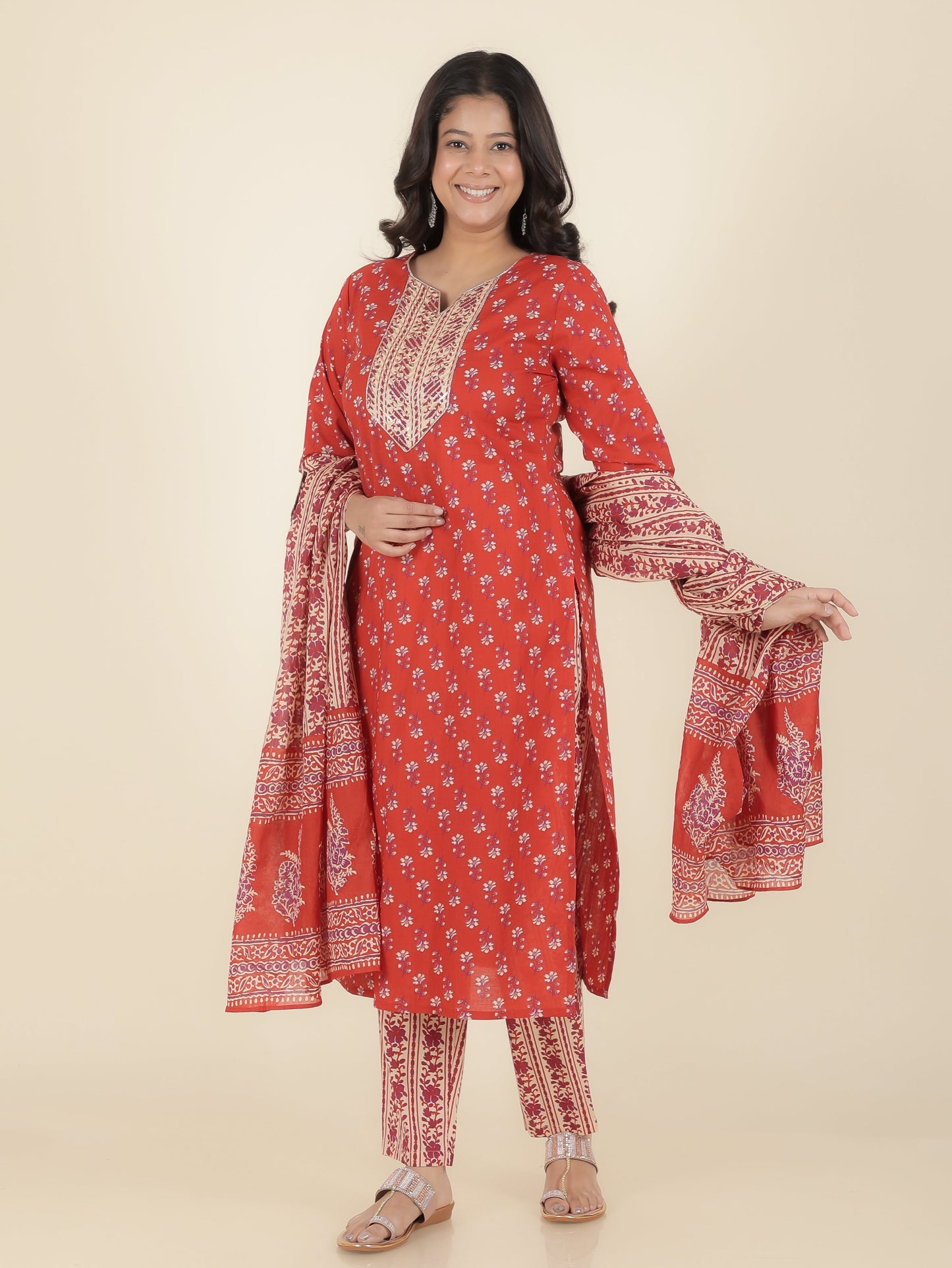 Soft Cotton Block Straight Red Kurta