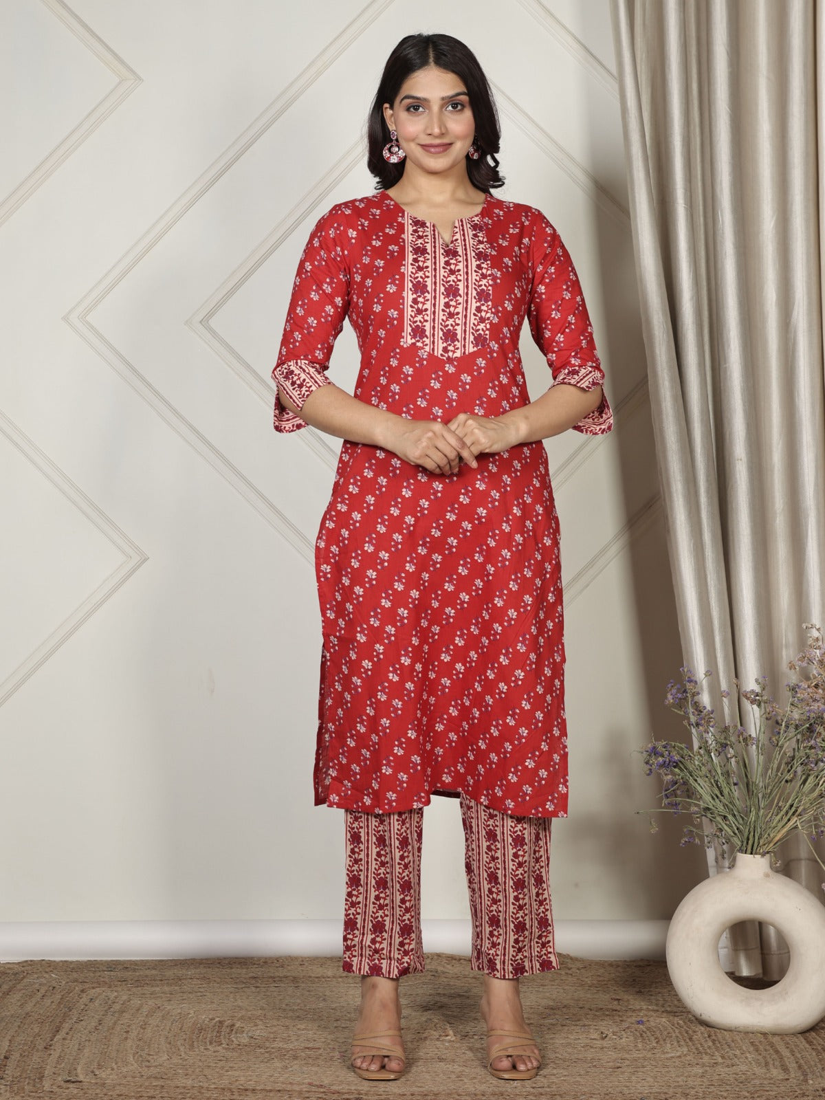 Soft Cotton Block Print Straight Red Kurta