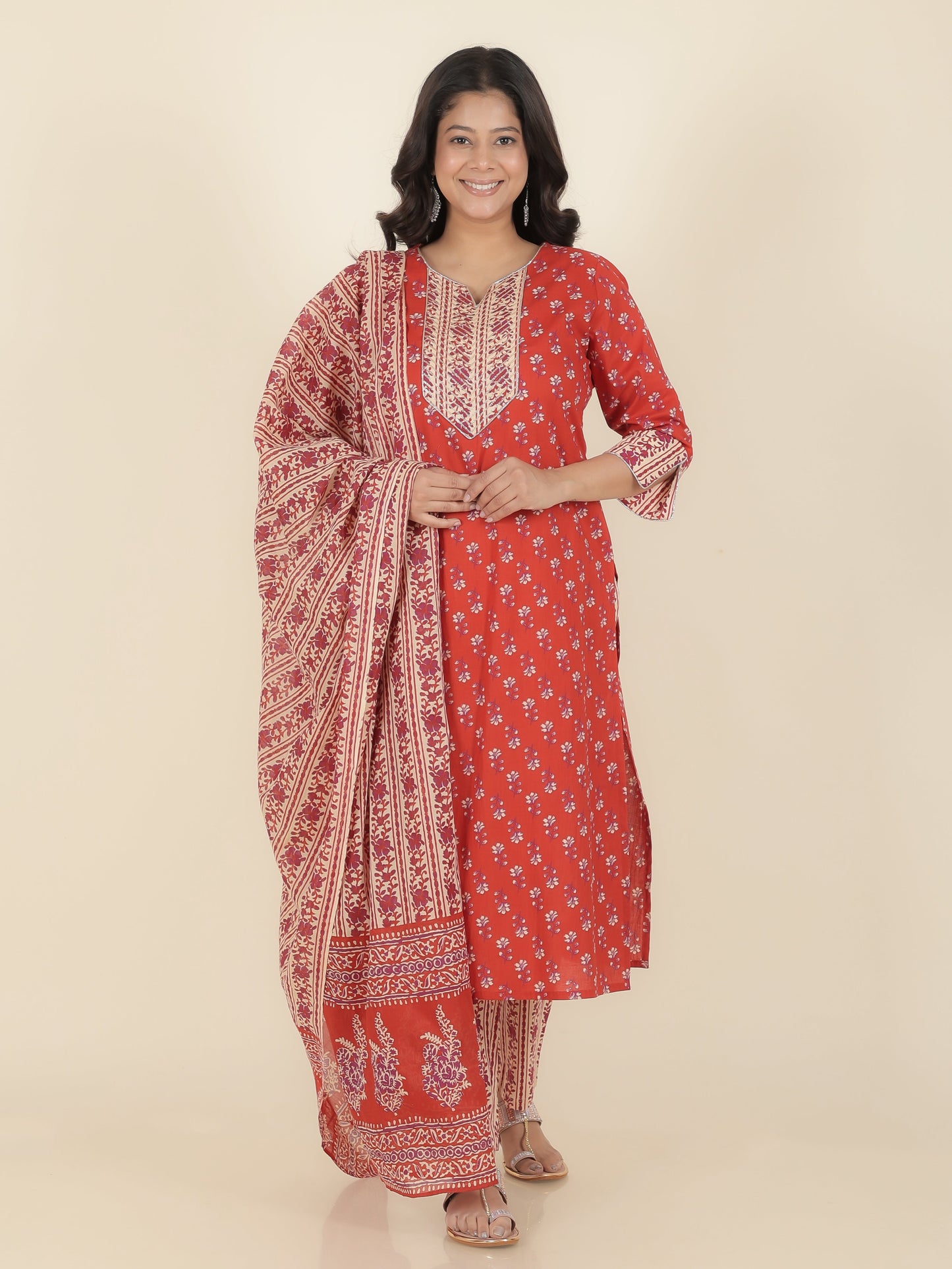 Soft Cotton Block Straight Red Kurta