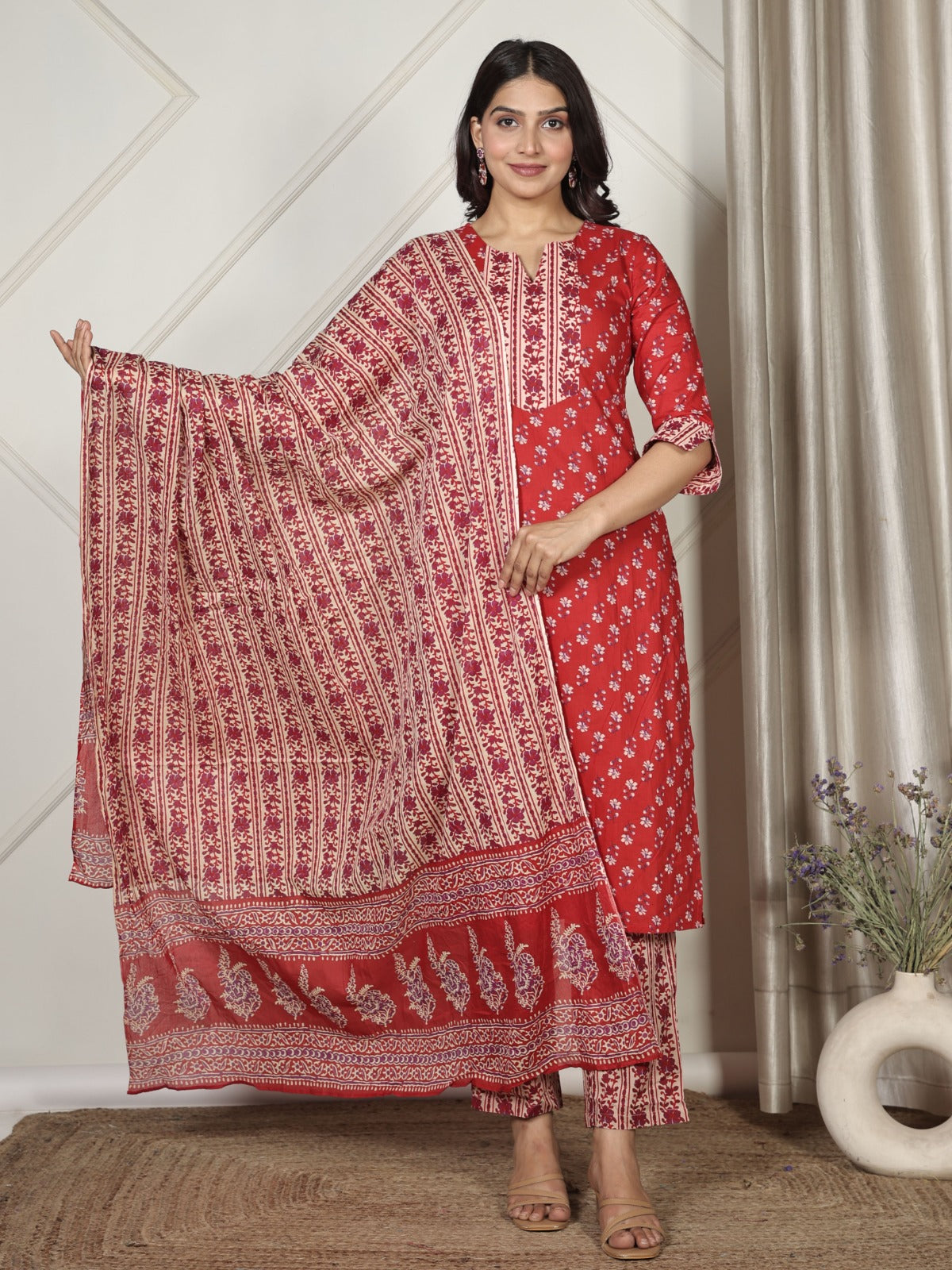 Soft Cotton Block Print Straight Red Kurta