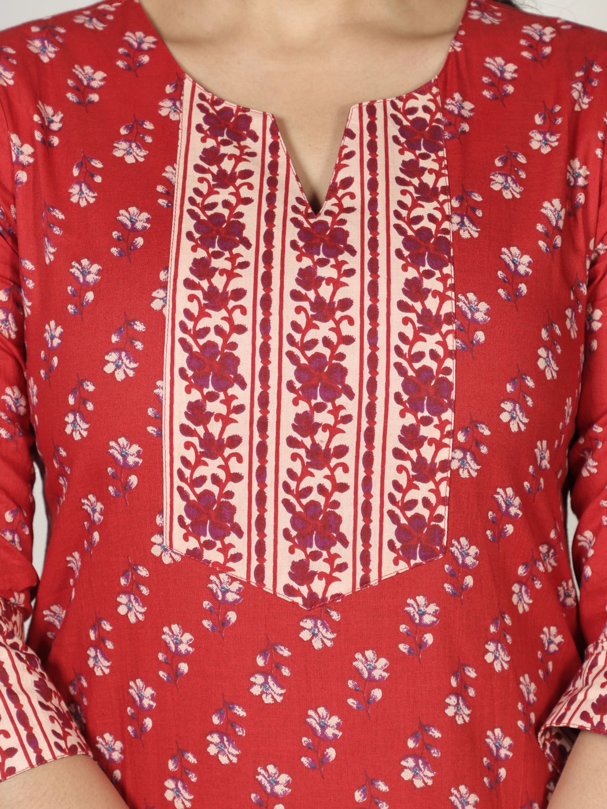 Soft Cotton Block Print Straight Red Kurta