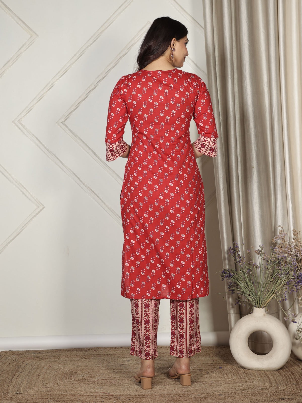 Soft Cotton Block Print Straight Red Kurta