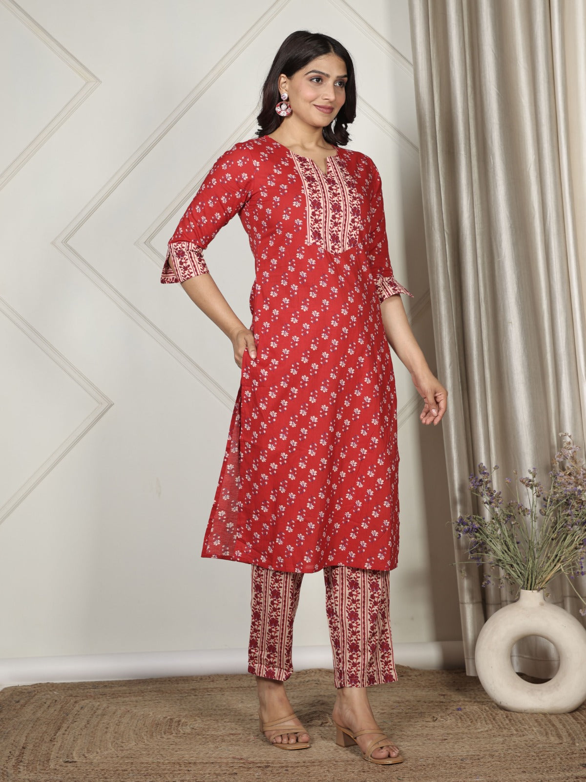 Soft Cotton Block Print Straight Red Kurta