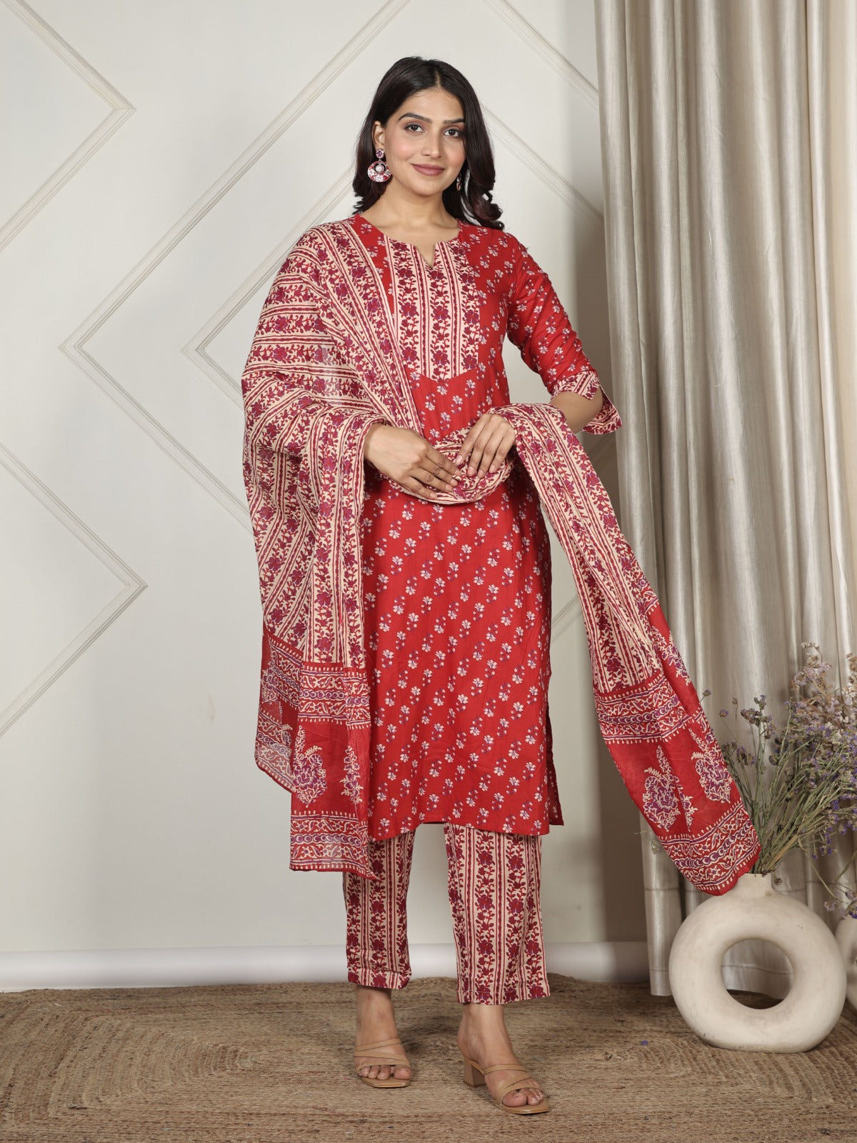 Soft Cotton Block Print Straight Red Kurta