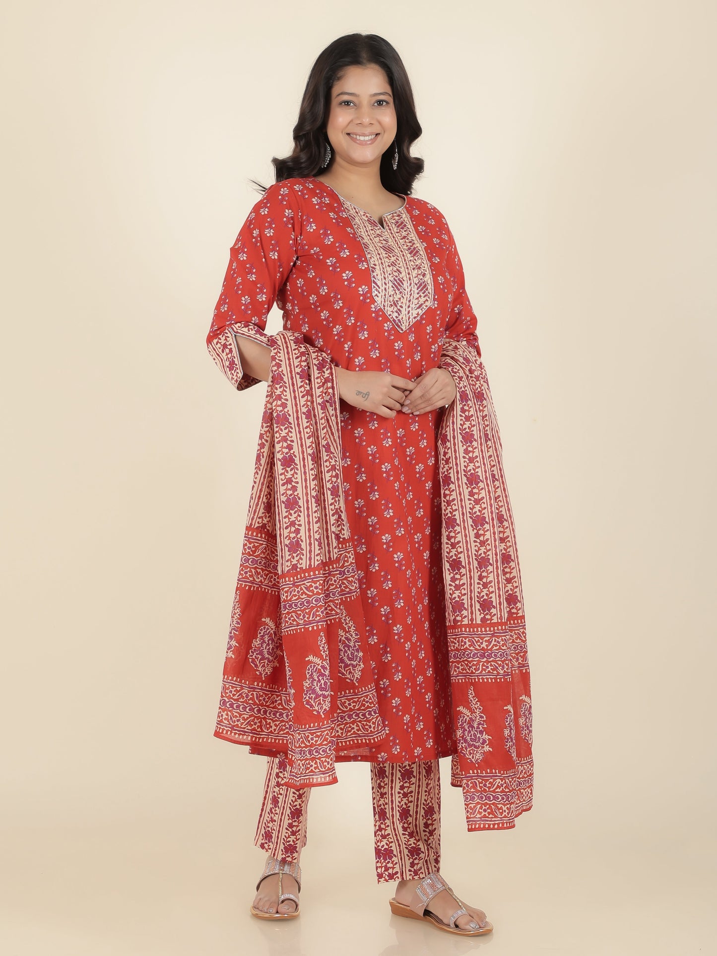 Soft Cotton Block Straight Red Kurta