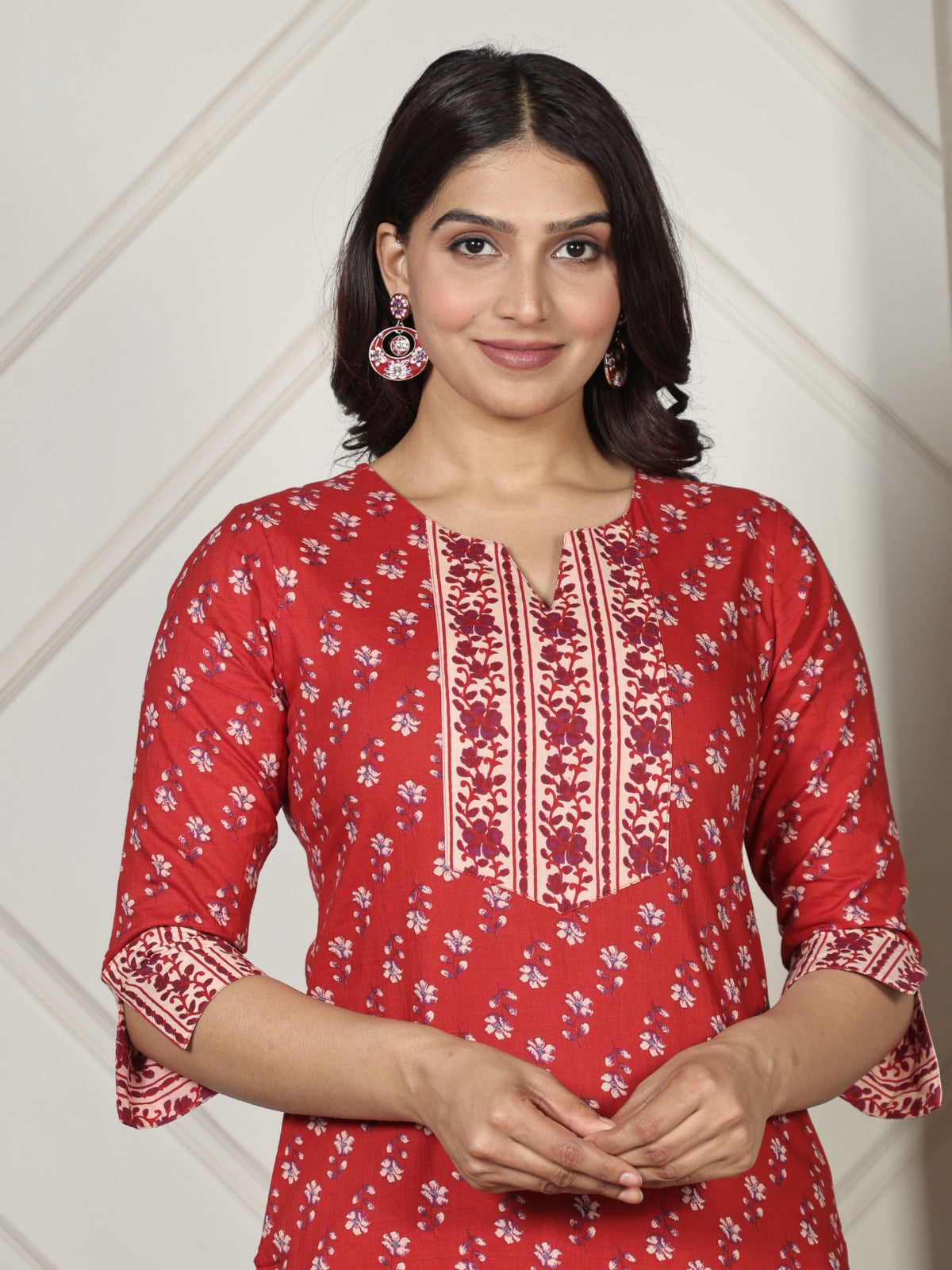 Soft Cotton Block Print Straight Red Kurta