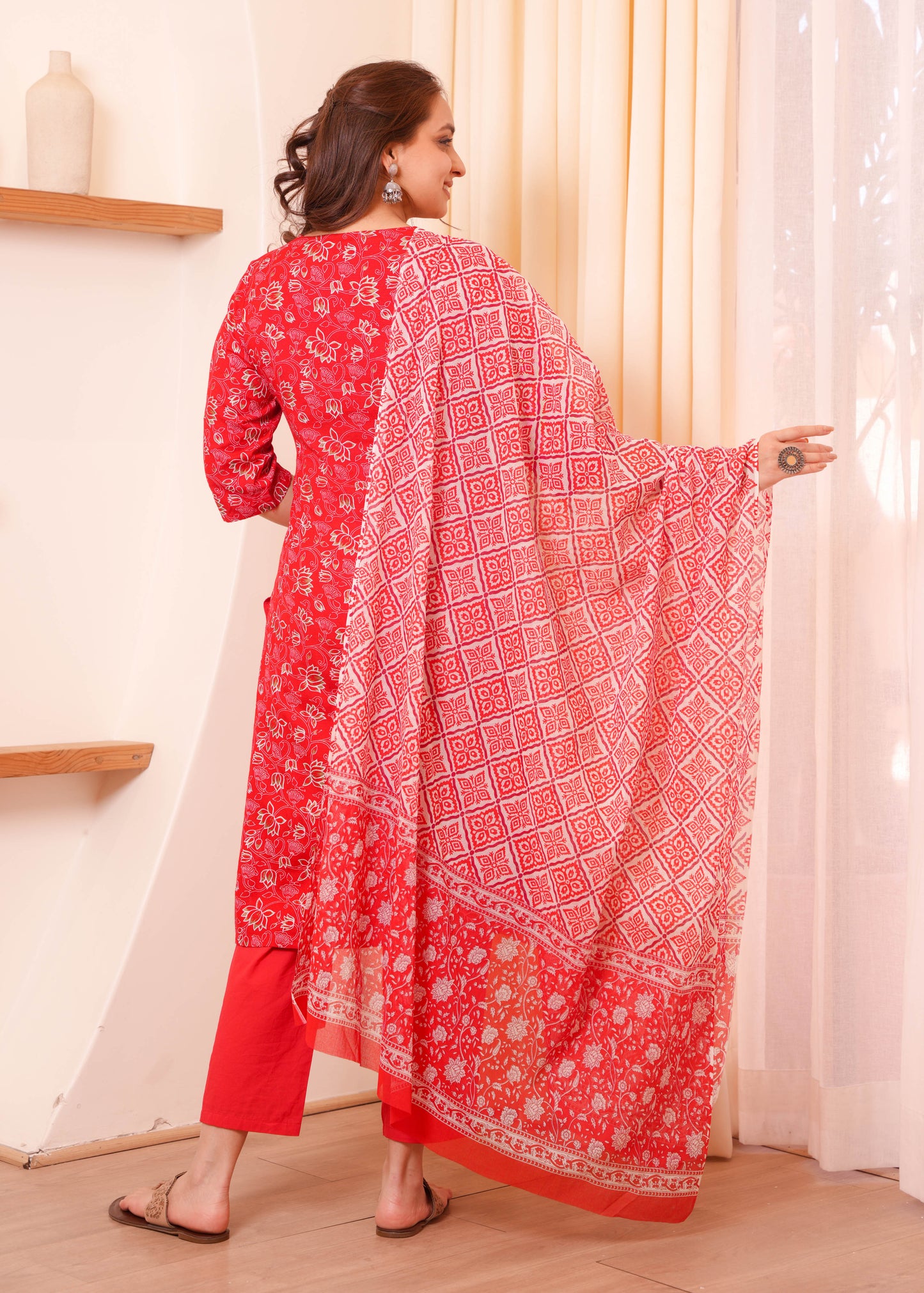 Viscose Floral Straight Red Kurta