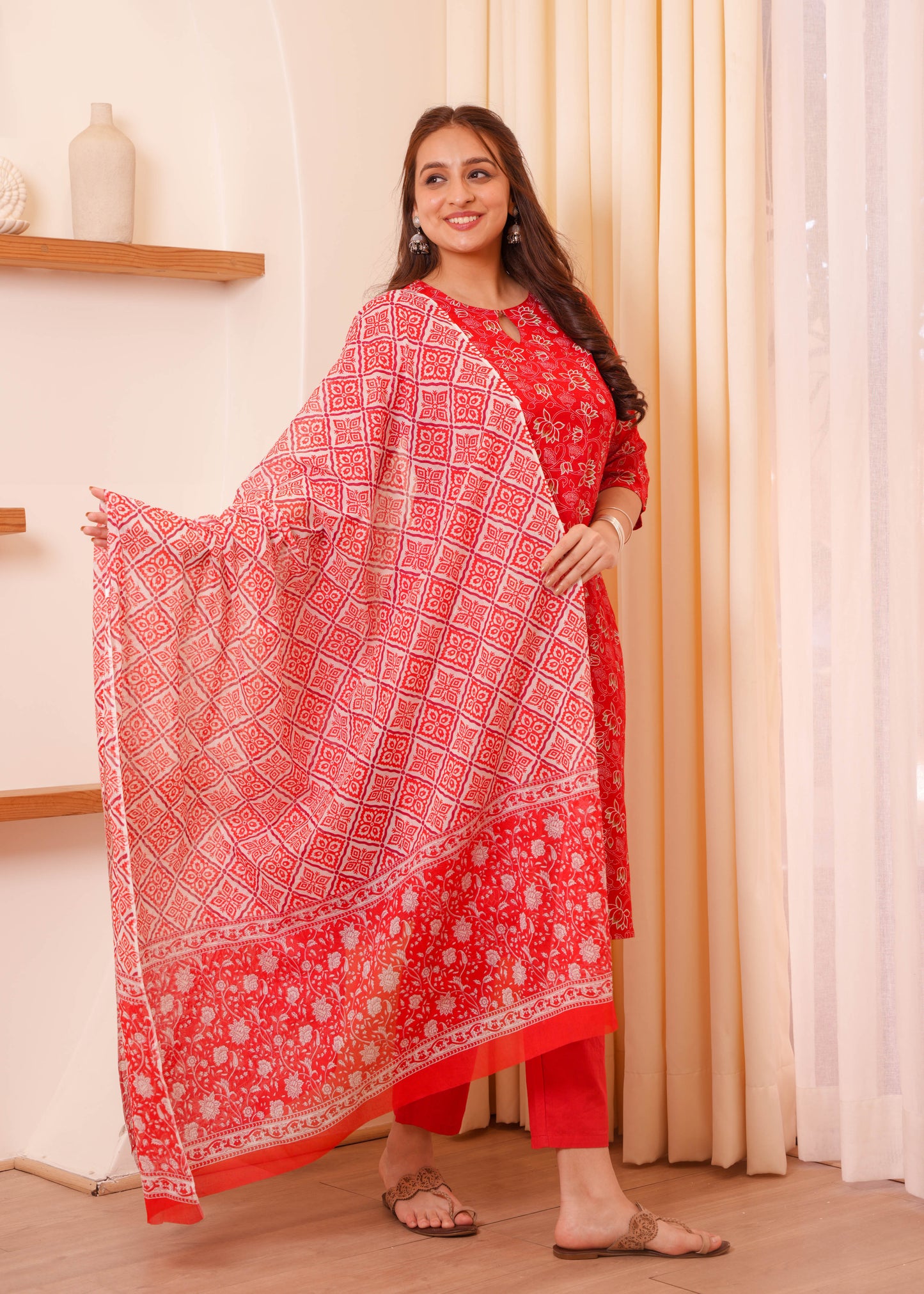 Viscose Floral Straight Red Kurta